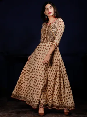 Naaz Ayana - Beige Rust Green Black Hand Block Printed Long Cotton Dress With Full Lining - DS60F001