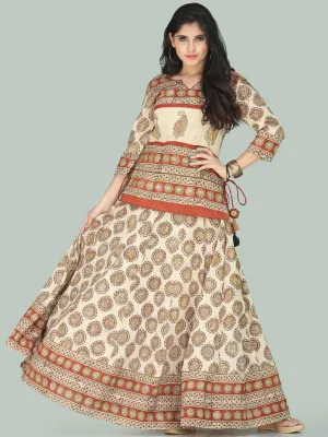 Naaz Bahara - Hand Block Printed Long Embroidered Top & Skirt Dress - DS108F001