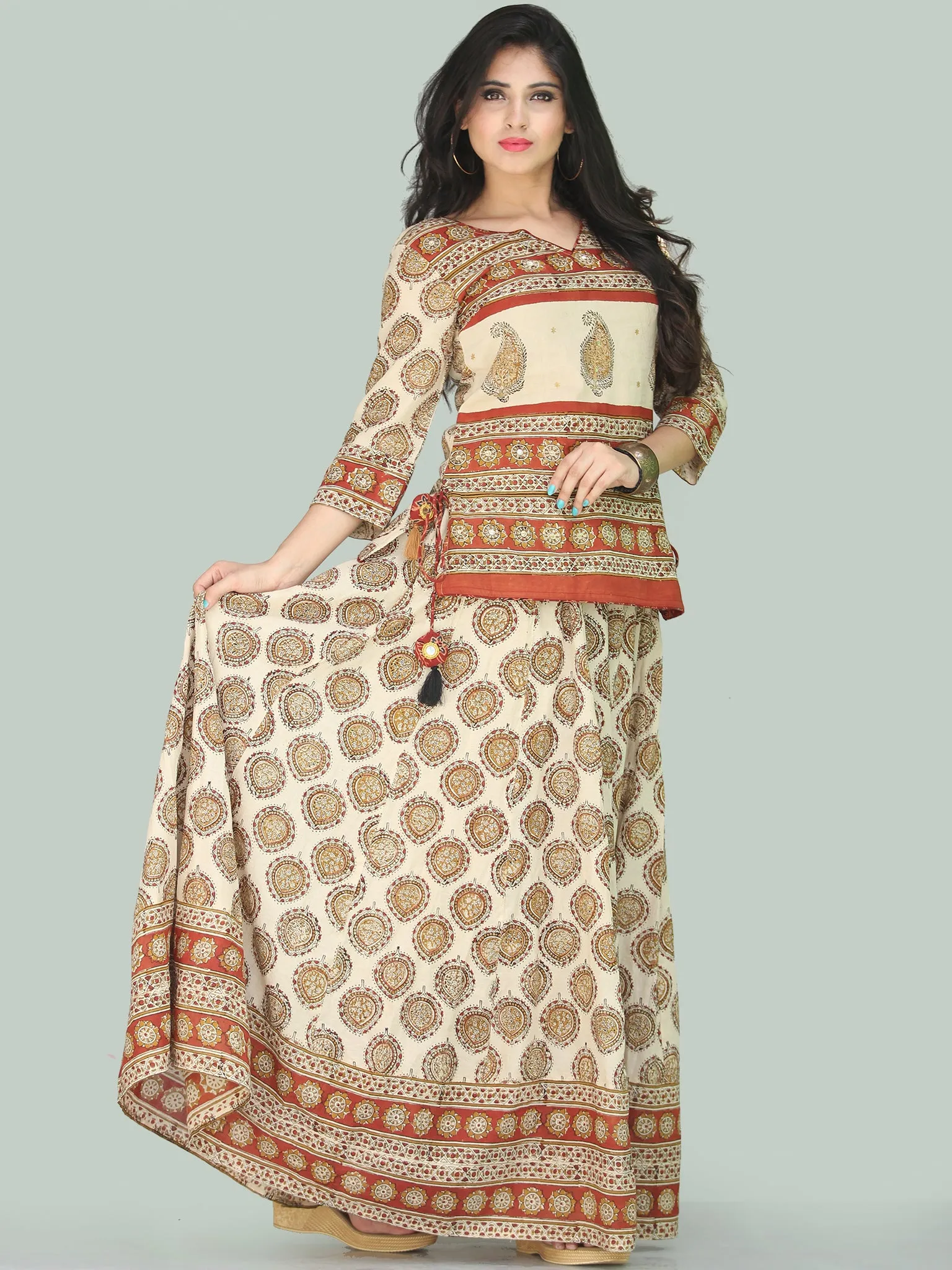 Naaz Bahara - Hand Block Printed Long Embroidered Top & Skirt Dress - DS108F001