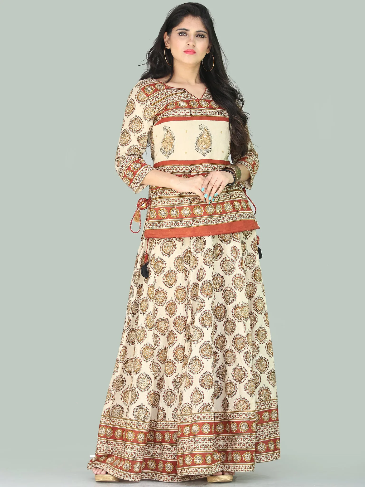 Naaz Bahara - Hand Block Printed Long Embroidered Top & Skirt Dress - DS108F001