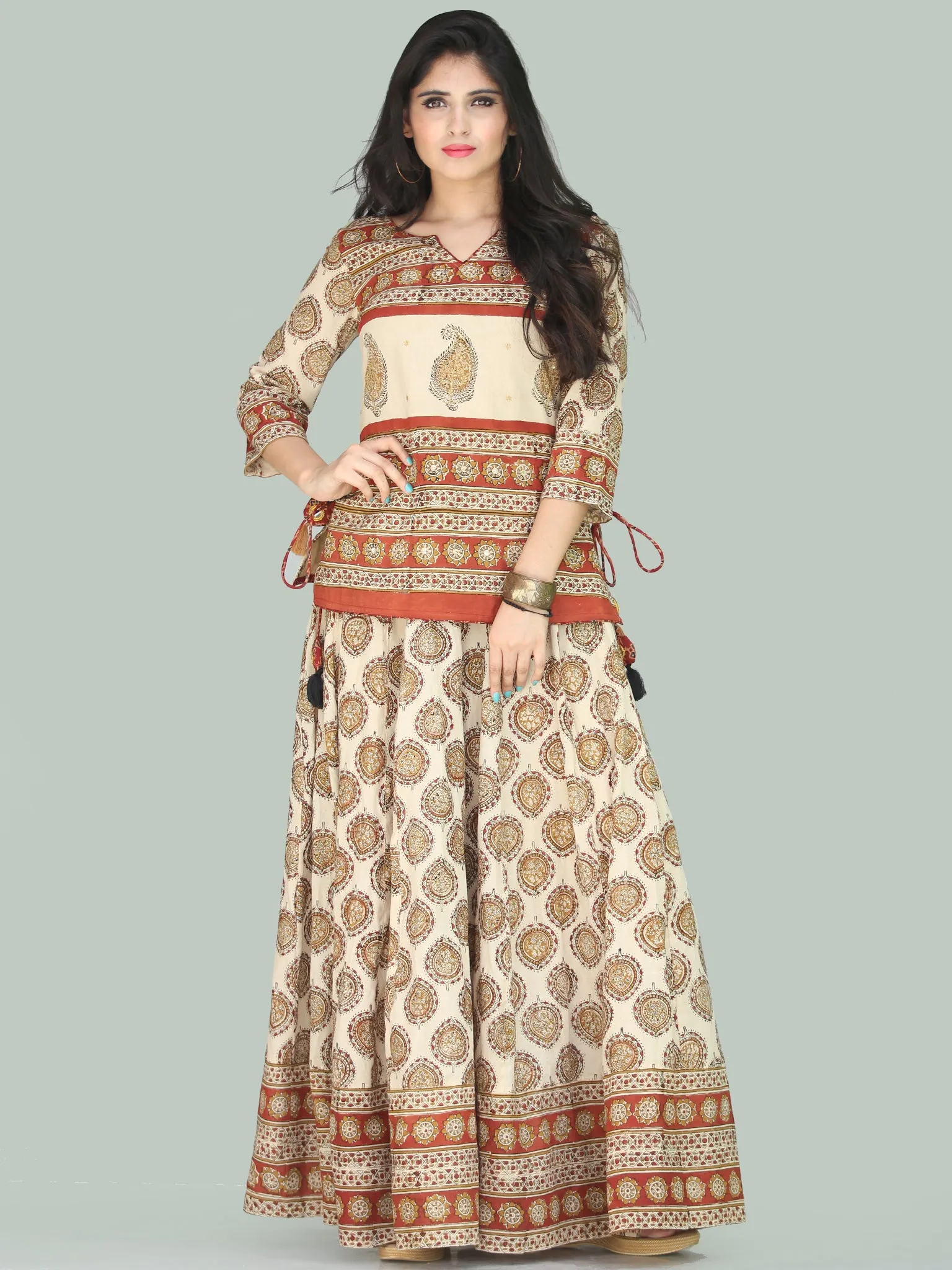 Naaz Bahara - Hand Block Printed Long Embroidered Top & Skirt Dress - DS108F001