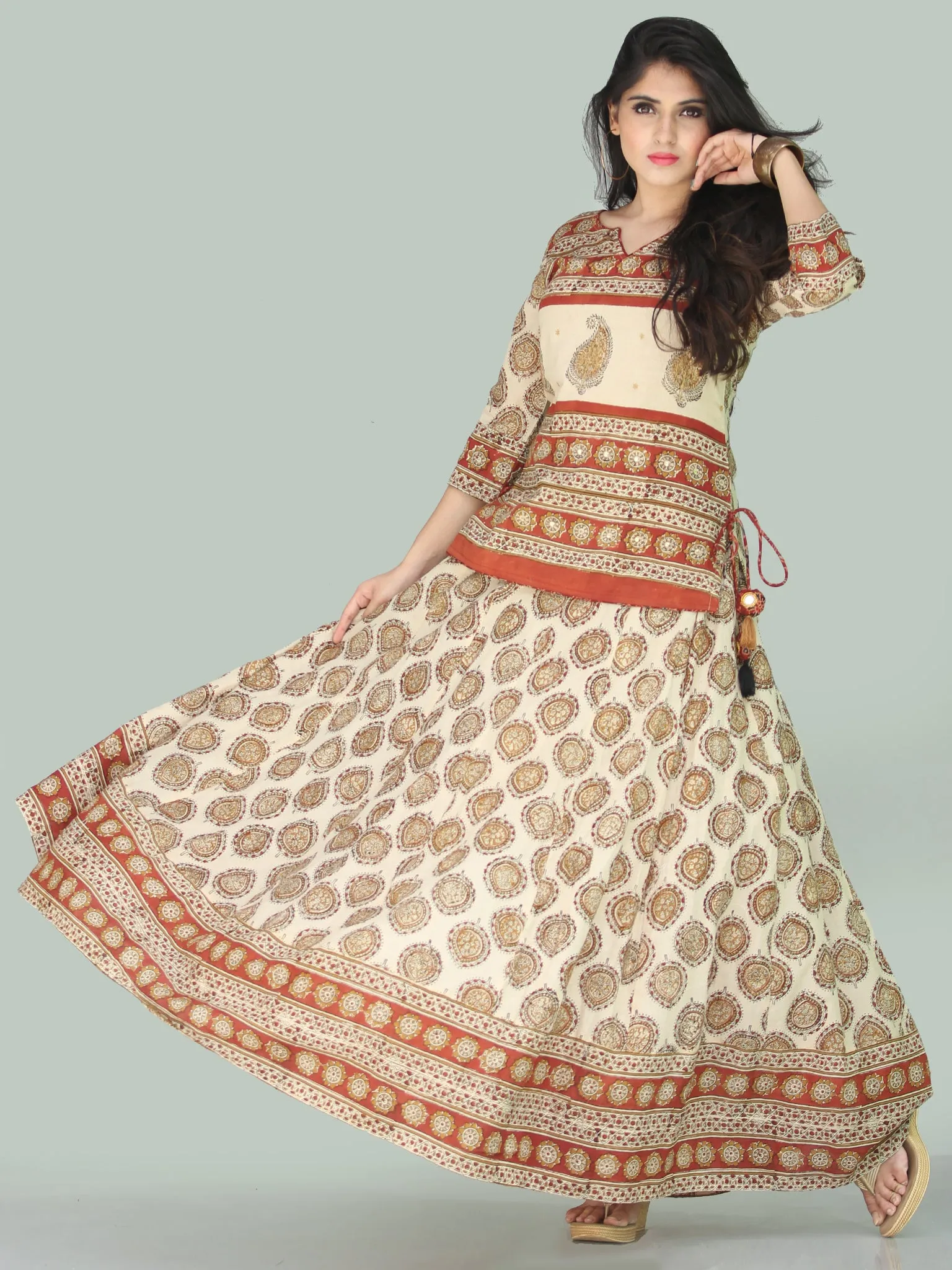 Naaz Bahara - Hand Block Printed Long Embroidered Top & Skirt Dress - DS108F001