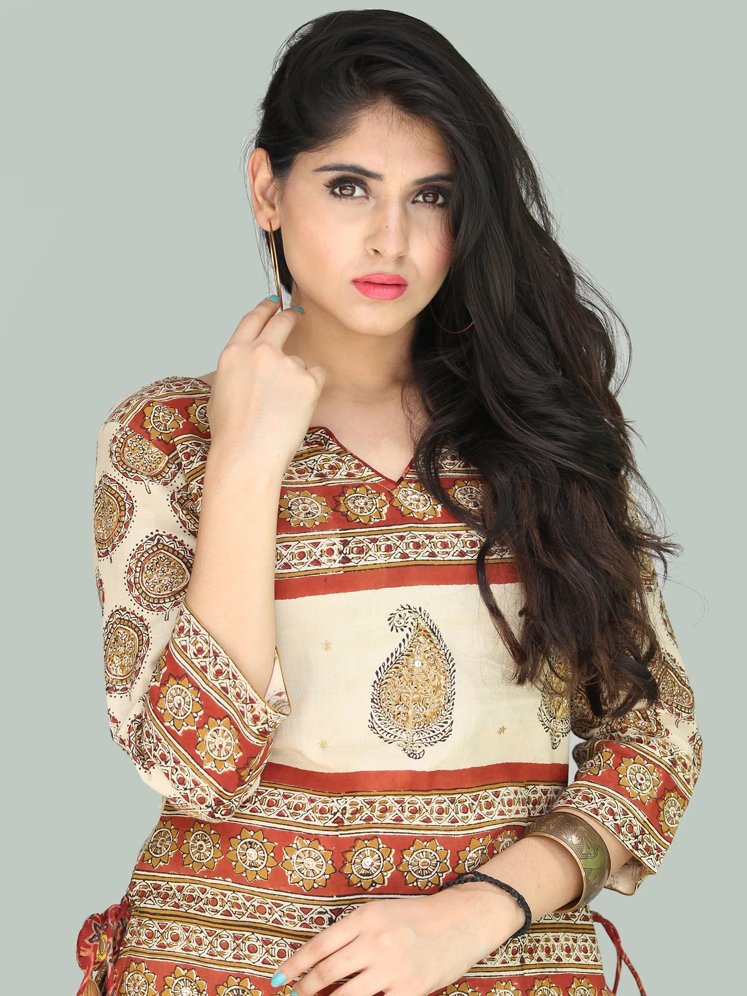 Naaz Bahara - Hand Block Printed Long Embroidered Top & Skirt Dress - DS108F001