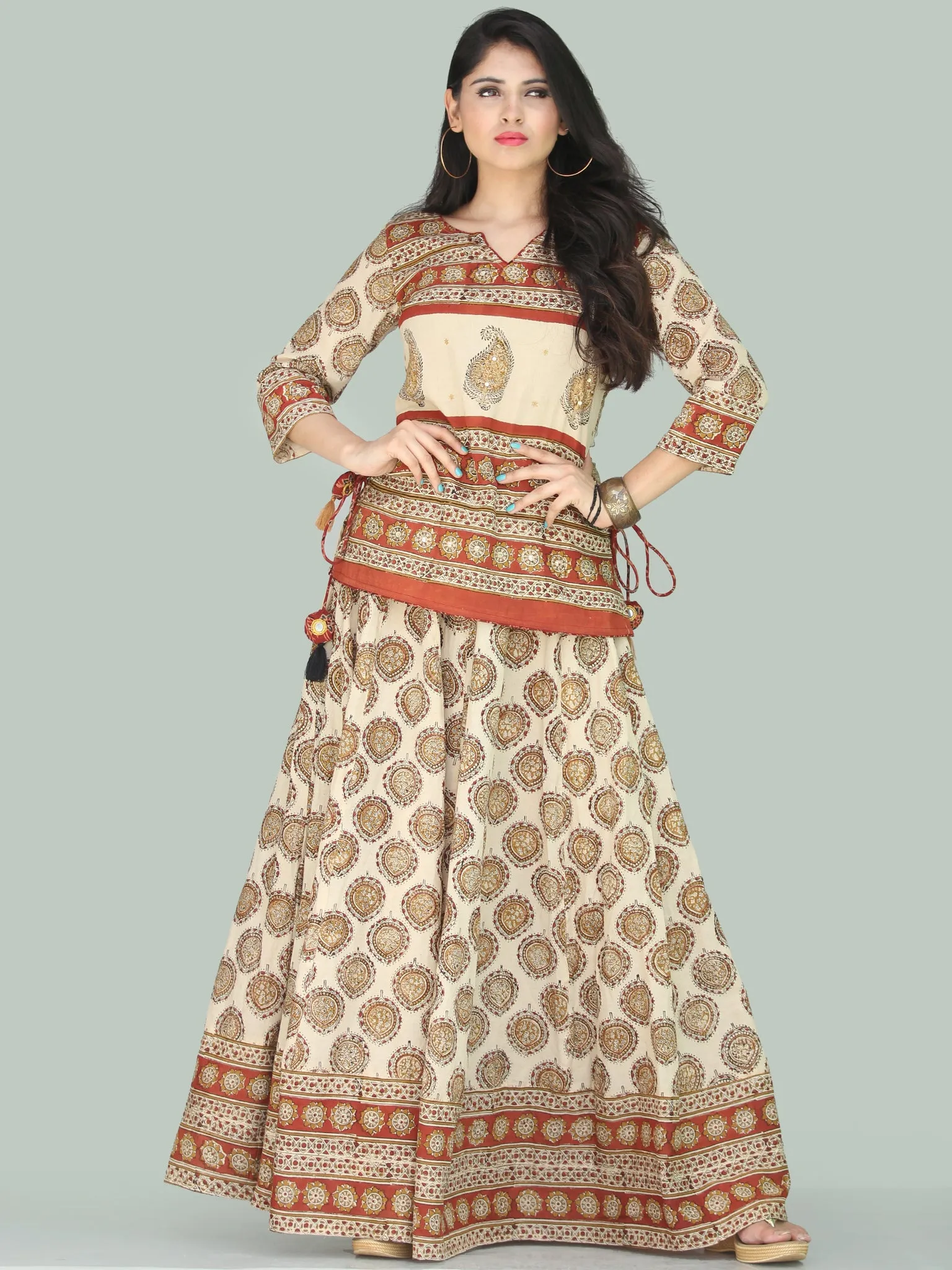 Naaz Bahara - Hand Block Printed Long Embroidered Top & Skirt Dress - DS108F001