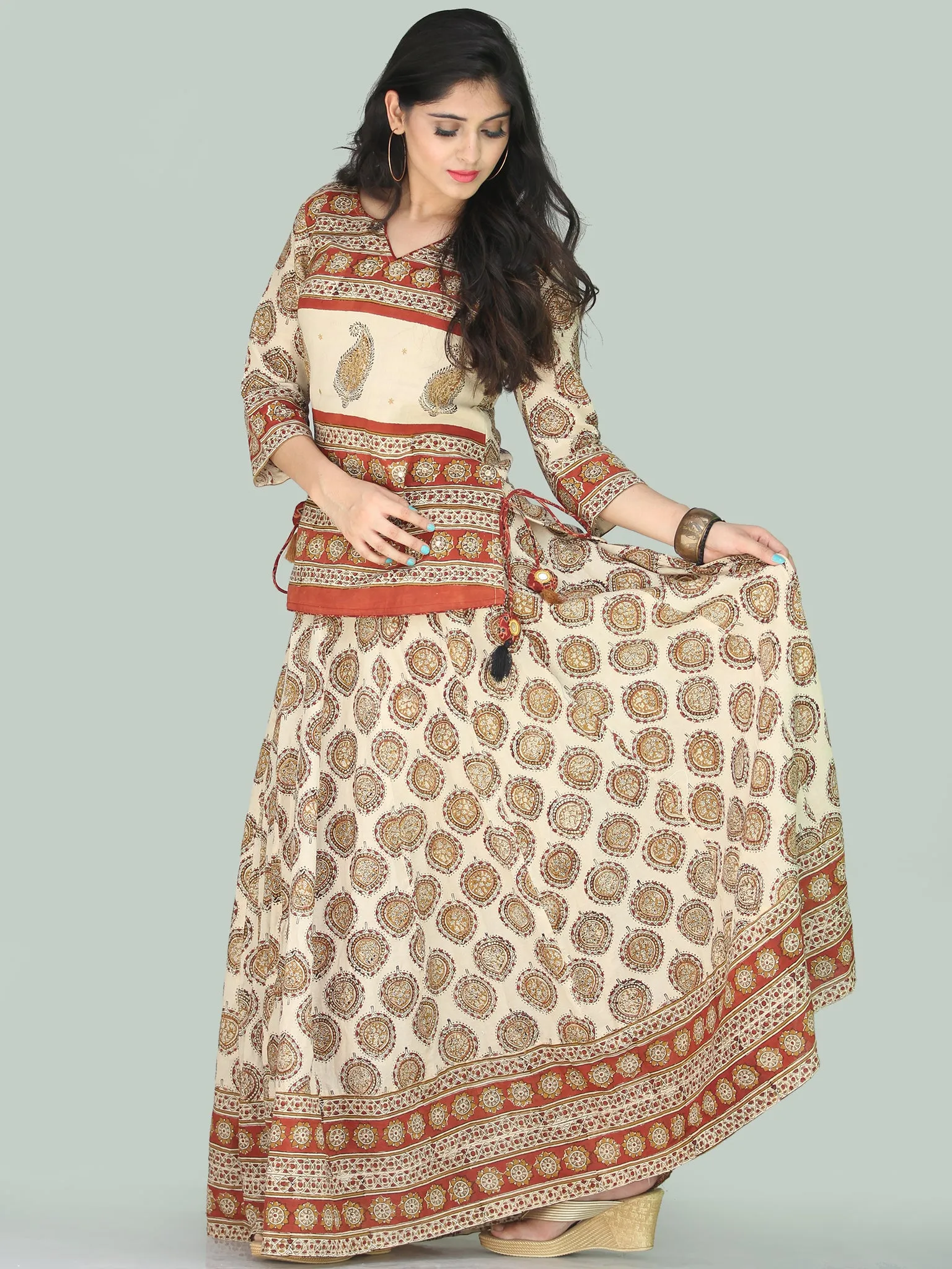 Naaz Bahara - Hand Block Printed Long Embroidered Top & Skirt Dress - DS108F001