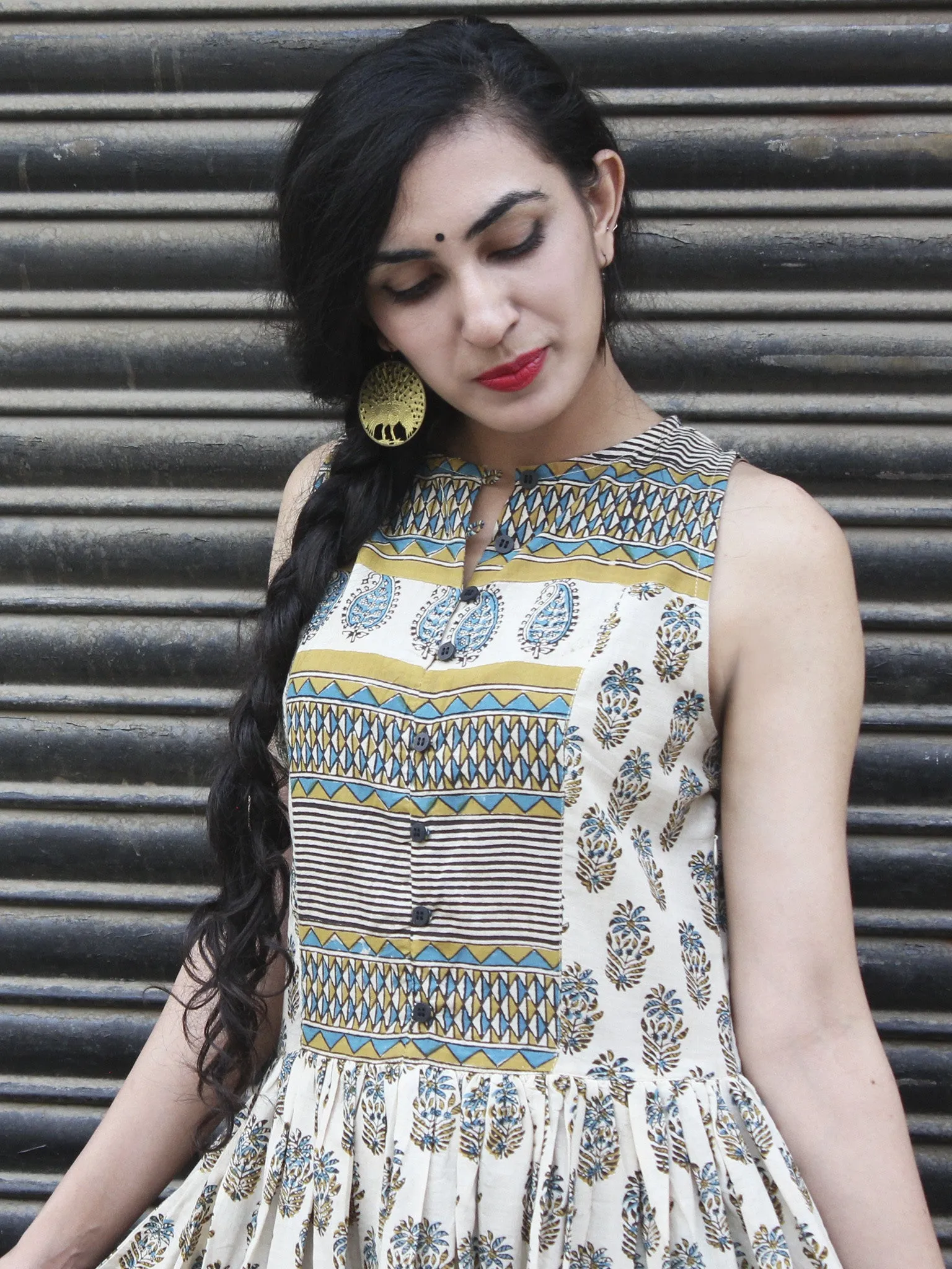 Naaz Beige Blue Mustard Black Hand Block Printed Sleeveless Cotton Dress With Gather & Lining - DS09F001