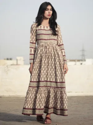 Naaz Beige Byzantium purple Black Hand Block Printed Long Cotton Tier Dress with Gathers - DS07F001