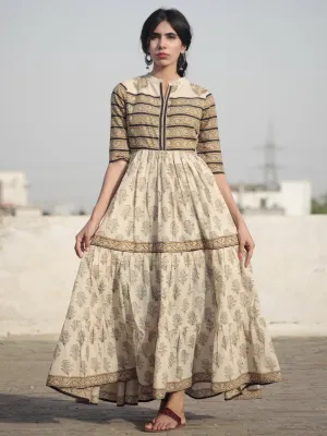 Naaz Beige Mustard Black Hand Block Printed Long Cotton Tier Dress with Gathers - DS10F001