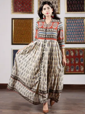 Naaz Beige Red Black Blue Hand Block Printed Long Dress With Front Detailing -  DS49F001