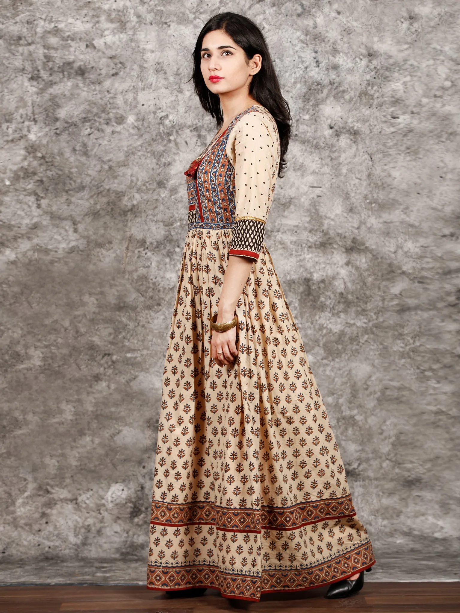 Naaz Beige Red Blue Brown Hand Block Printed Cotton Long Angrakha Dress   - DS56F001