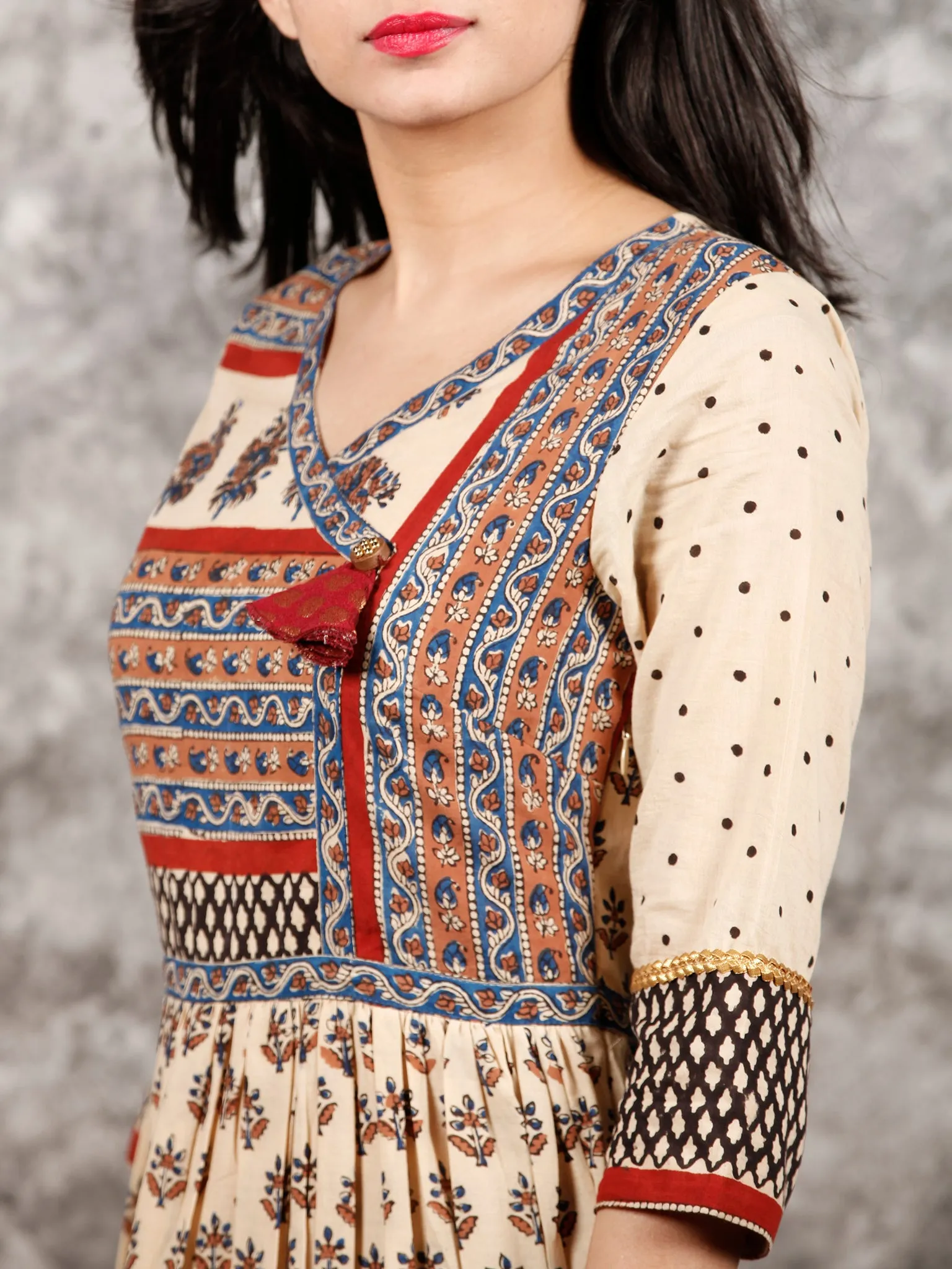 Naaz Beige Red Blue Brown Hand Block Printed Cotton Long Angrakha Dress   - DS56F001