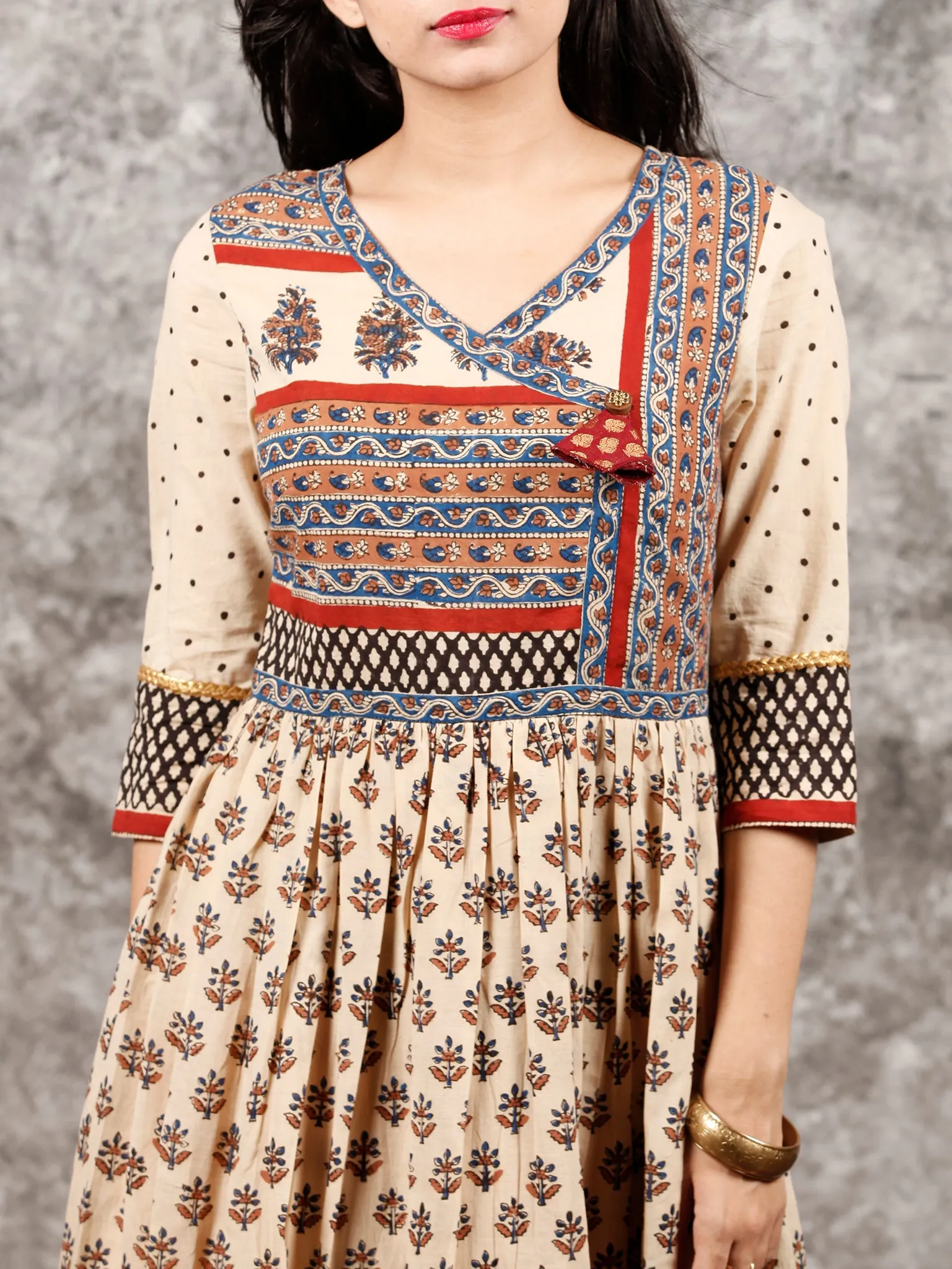 Naaz Beige Red Blue Brown Hand Block Printed Cotton Long Angrakha Dress   - DS56F001