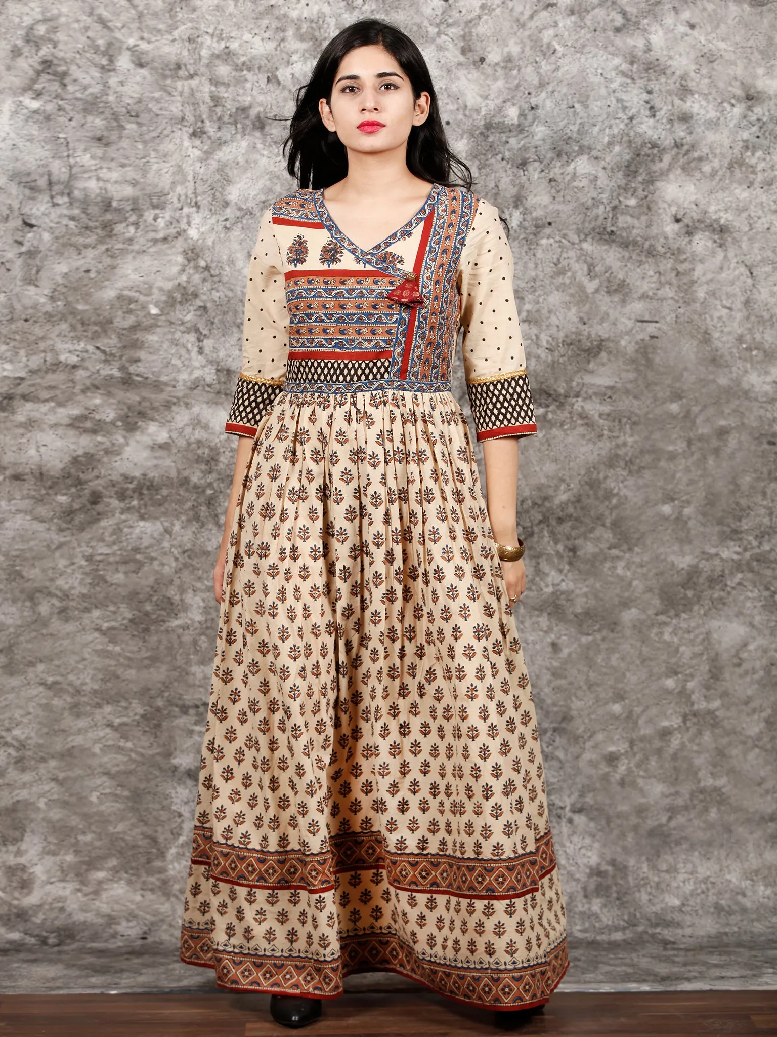 Naaz Beige Red Blue Brown Hand Block Printed Cotton Long Angrakha Dress   - DS56F001