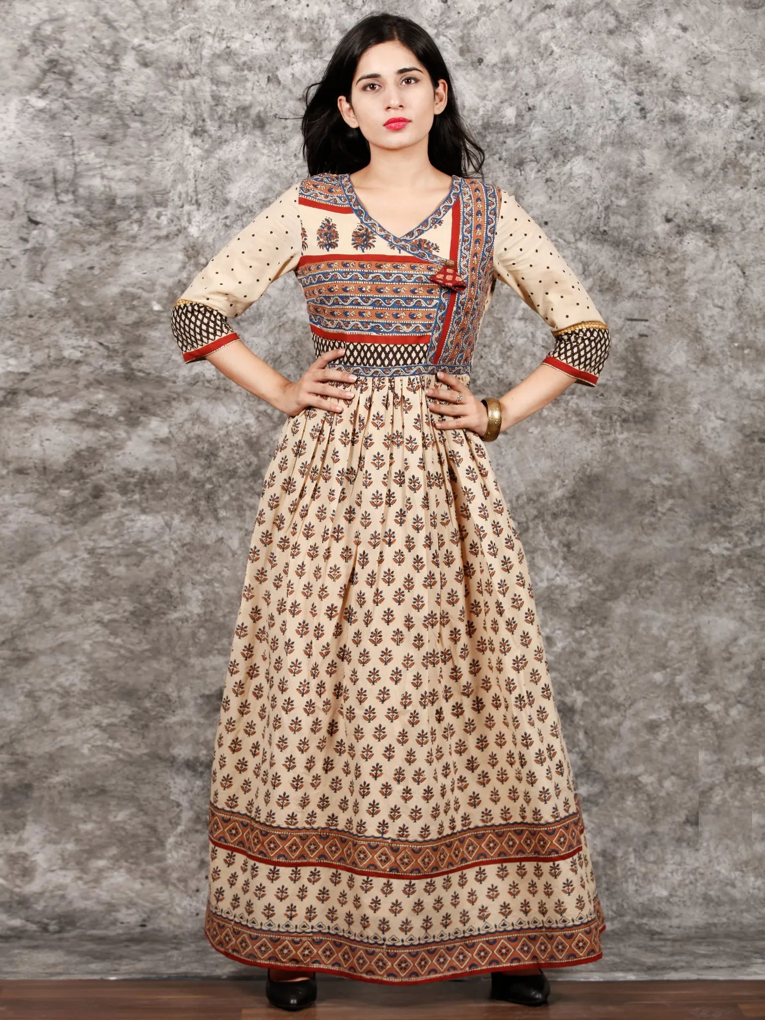 Naaz Beige Red Blue Brown Hand Block Printed Cotton Long Angrakha Dress   - DS56F001