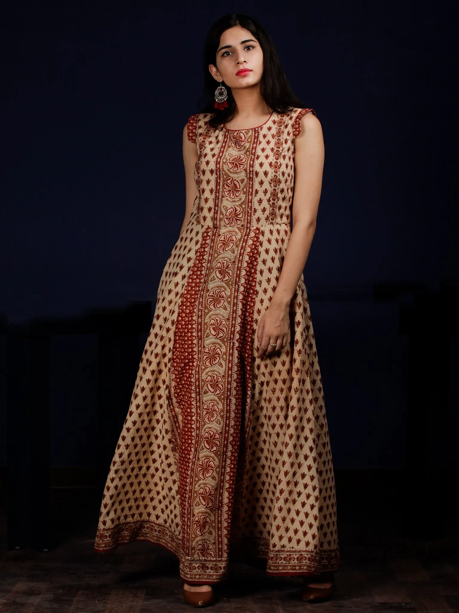 Naaz Beige Red Brown Hand Block Printed Long Cotton Dress With Cap Sleeves - DS61F001