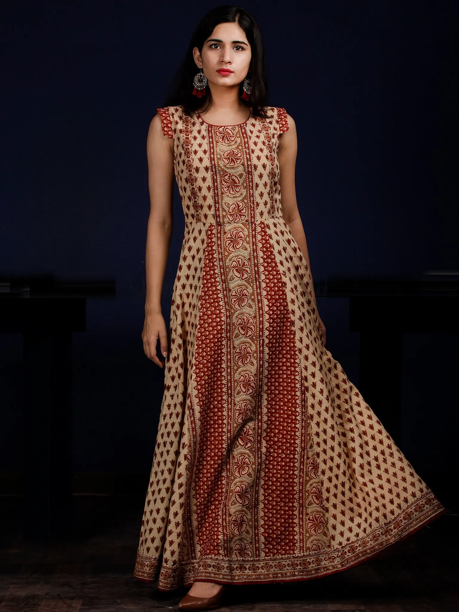 Naaz Beige Red Brown Hand Block Printed Long Cotton Dress With Cap Sleeves - DS61F001