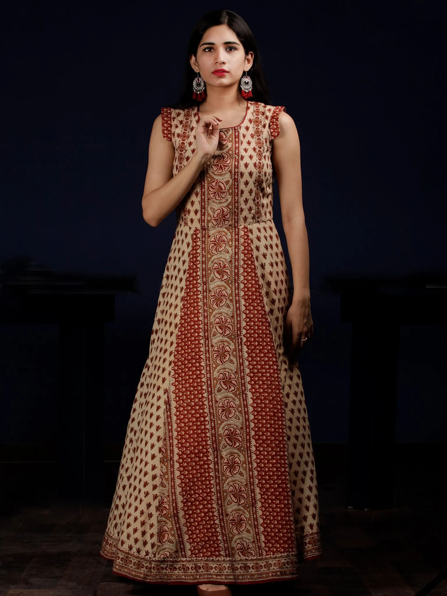 Naaz Beige Red Brown Hand Block Printed Long Cotton Dress With Cap Sleeves - DS61F001