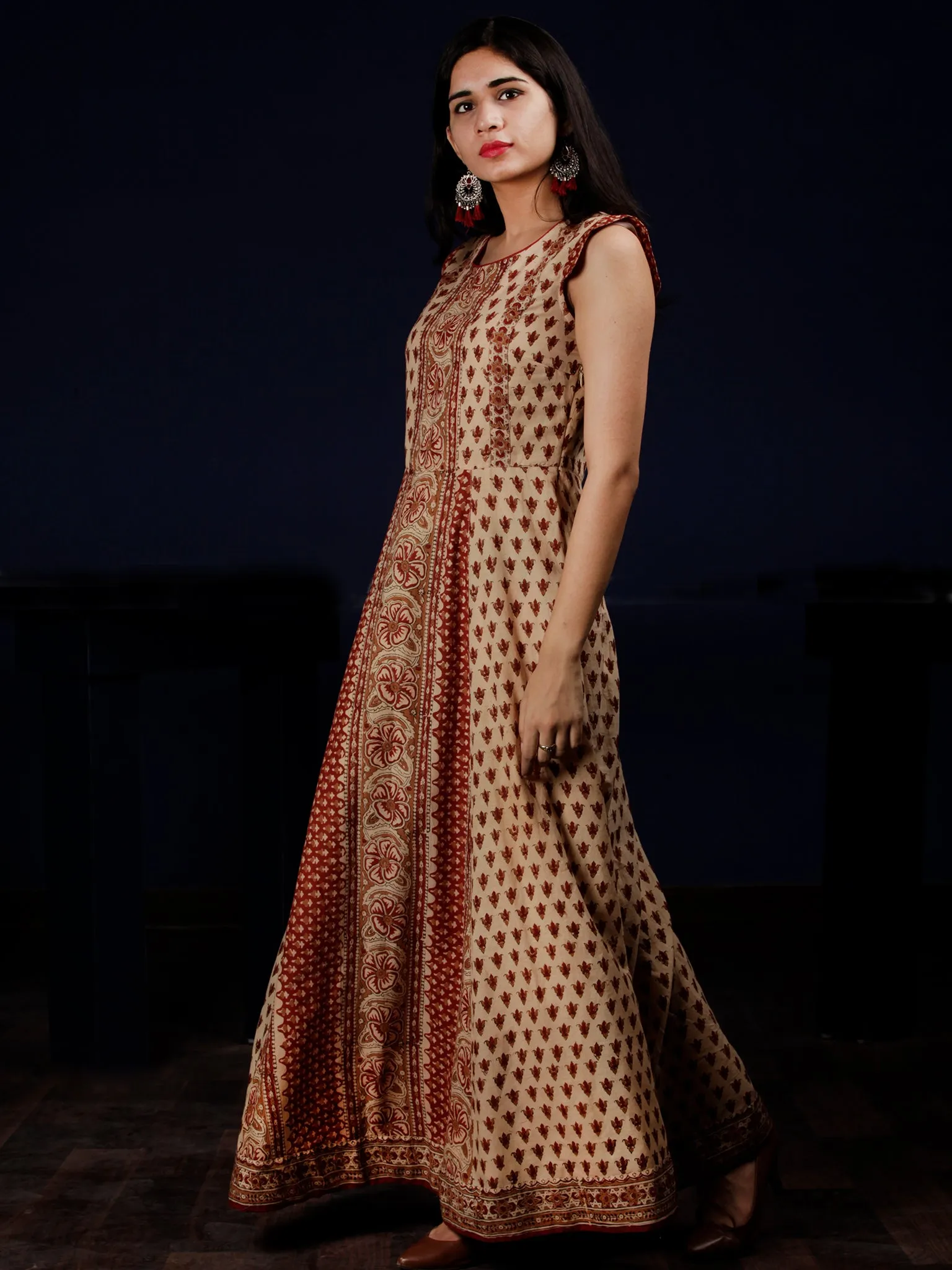 Naaz Beige Red Brown Hand Block Printed Long Cotton Dress With Cap Sleeves - DS61F001