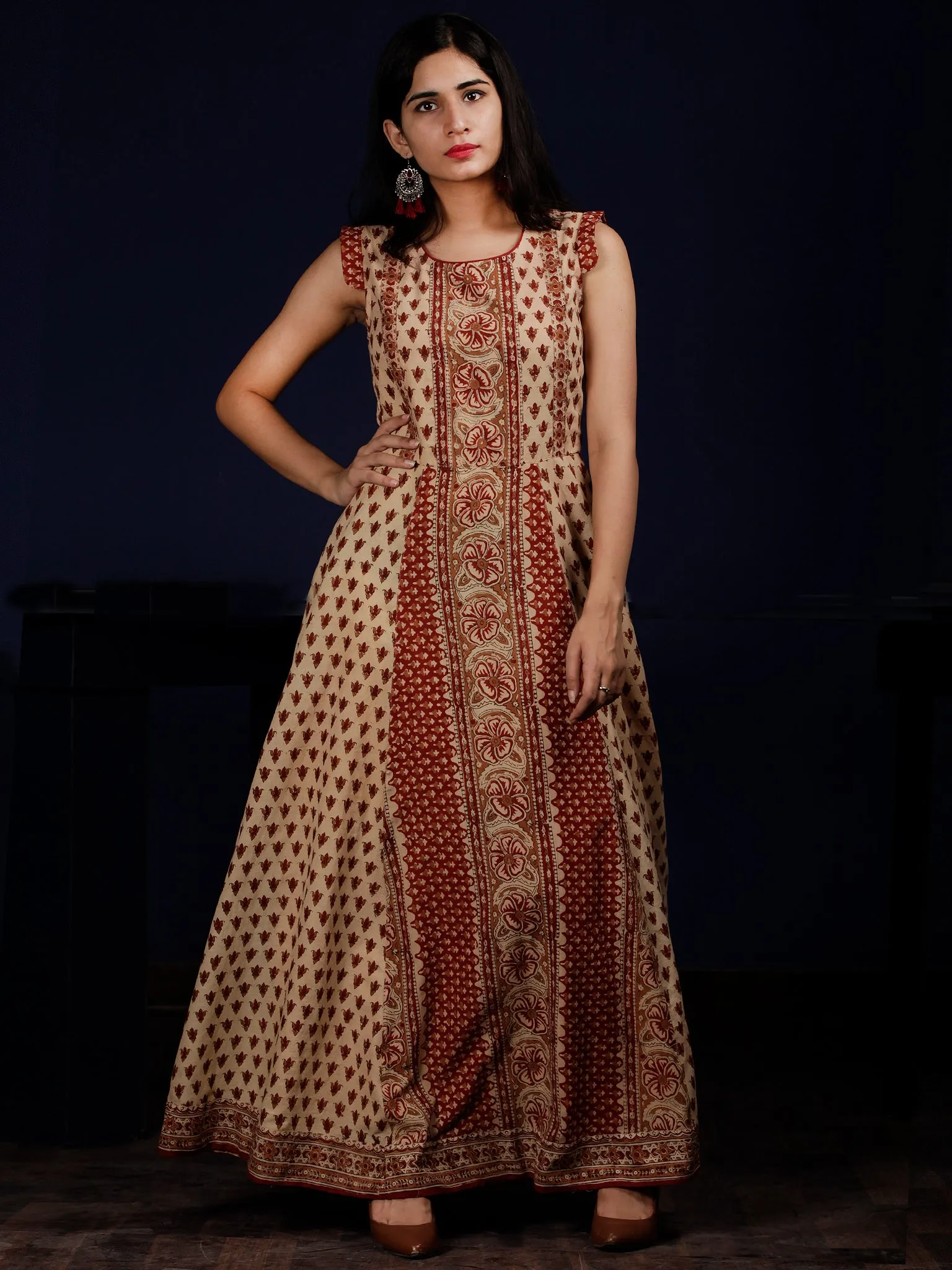 Naaz Beige Red Brown Hand Block Printed Long Cotton Dress With Cap Sleeves - DS61F001