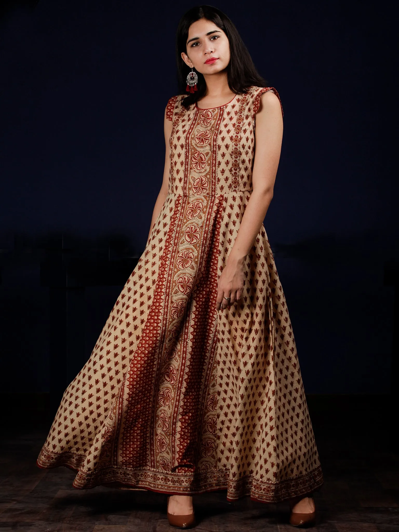 Naaz Beige Red Brown Hand Block Printed Long Cotton Dress With Cap Sleeves - DS61F001