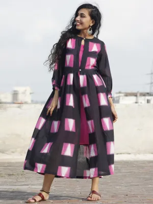 Naaz Black Pink White Hand Block Printed & Tie Dye Dress With Peasant Sleeves & Lining -DS25F001