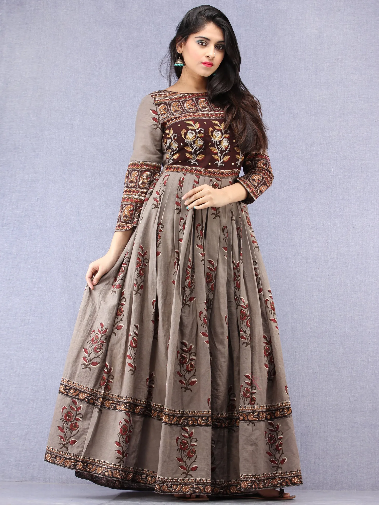 Naaz Falak - Hand Block Mughal Printed Long Cotton Embroidered Dress - DS106F001