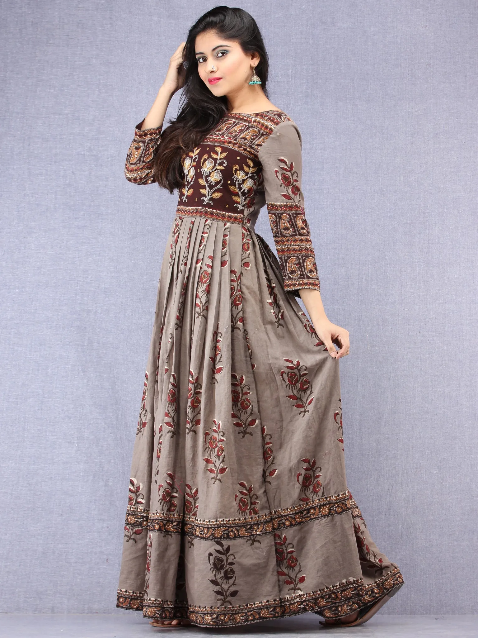 Naaz Falak - Hand Block Mughal Printed Long Cotton Embroidered Dress - DS106F001