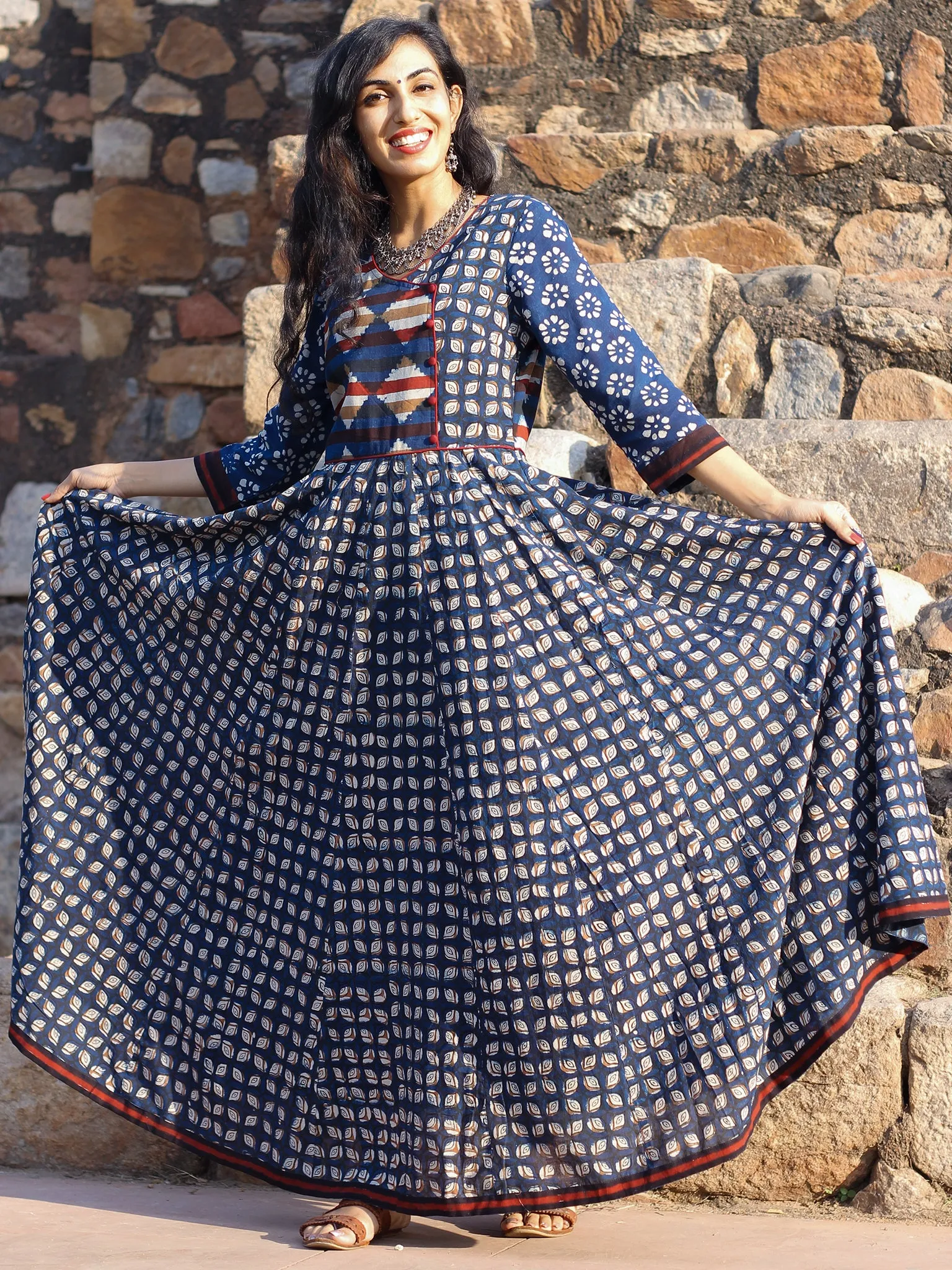 Naaz Flared Affair - Hand Block Printed Cotton Dress With Voluminous Flare - DS71F001