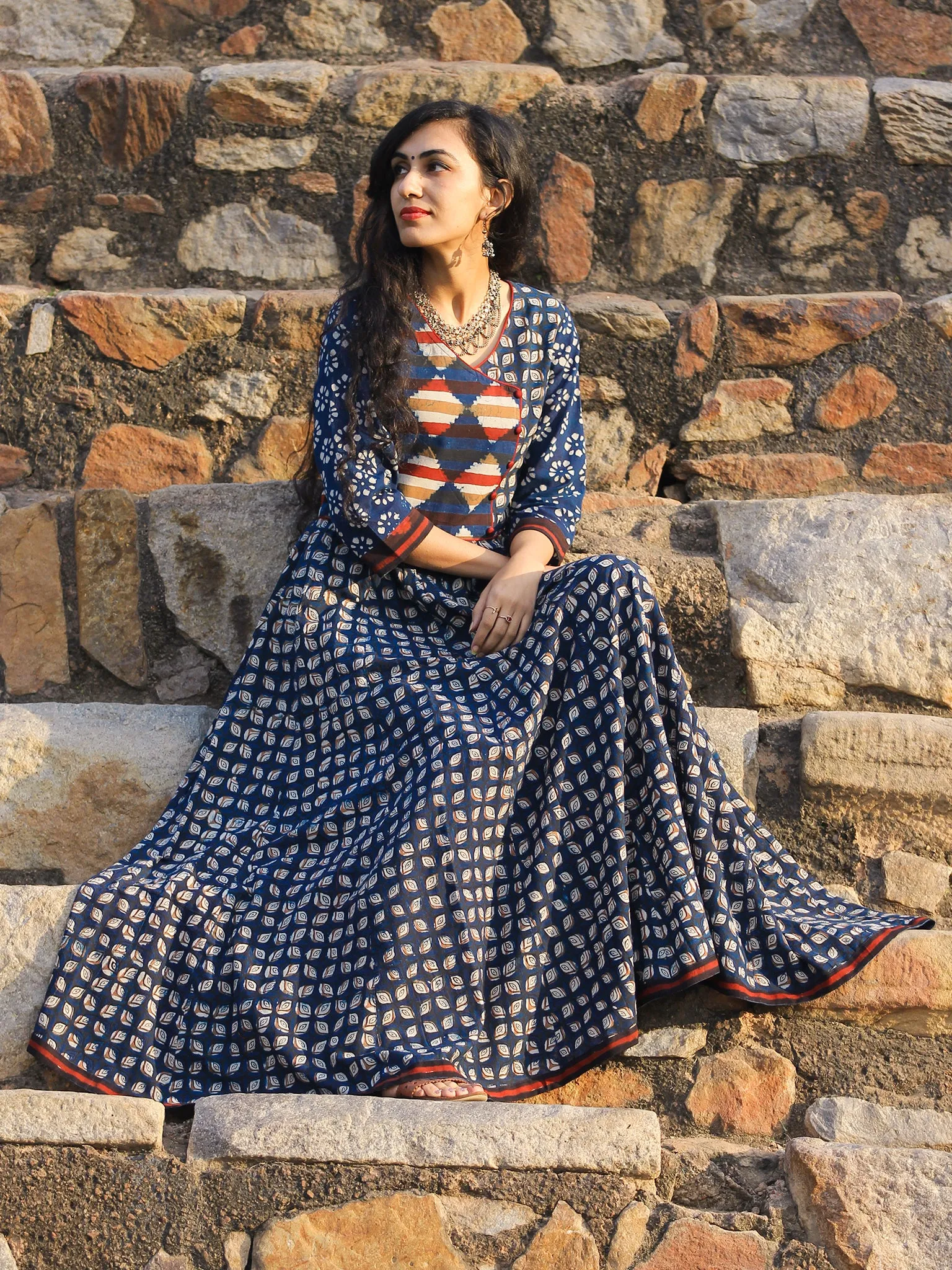 Naaz Flared Affair - Hand Block Printed Cotton Dress With Voluminous Flare - DS71F001