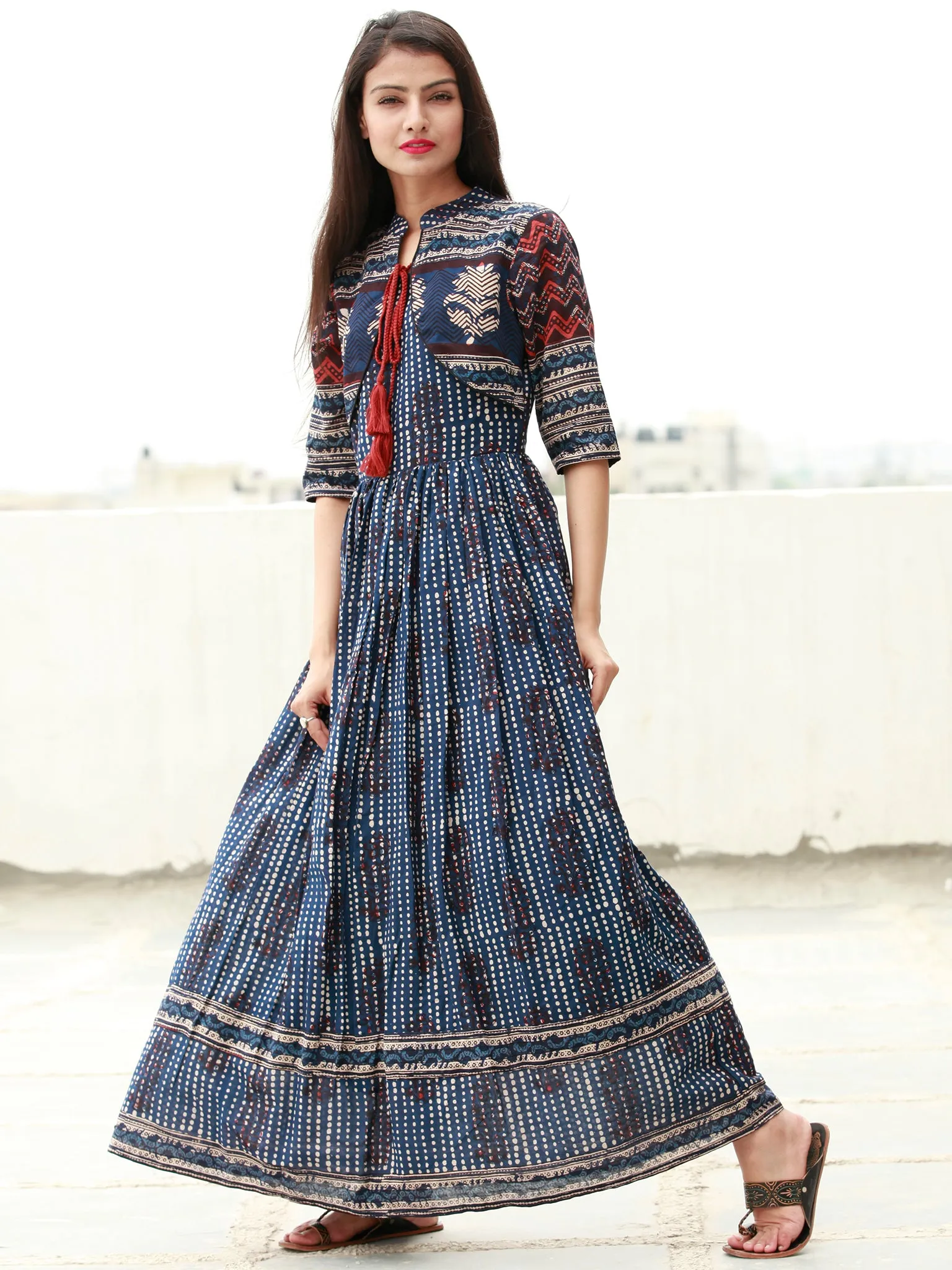 Naaz Indigo Rust Beige Hand Block Printed Long Cotton Dress with Tassels - DS14F003