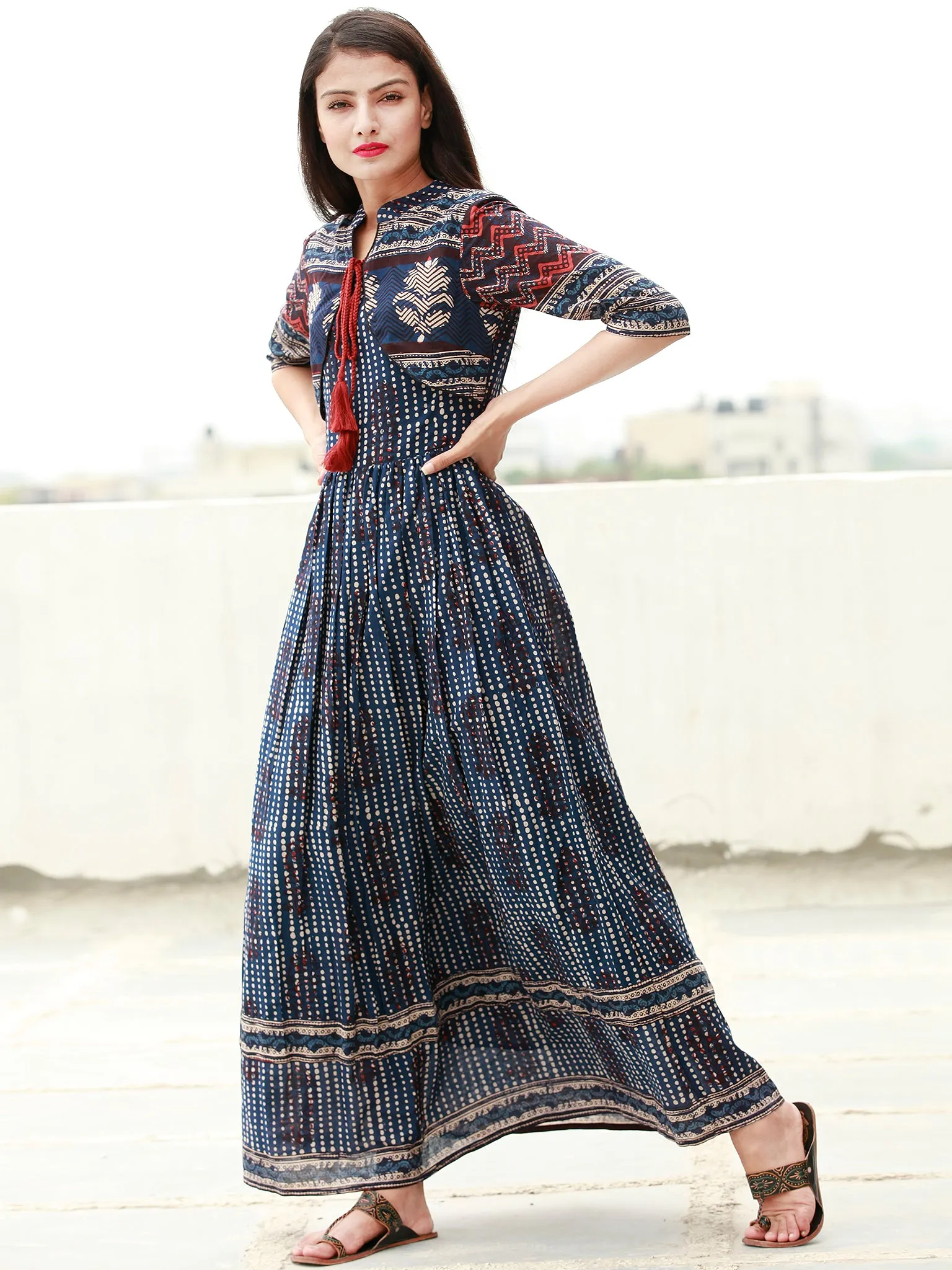 Naaz Indigo Rust Beige Hand Block Printed Long Cotton Dress with Tassels - DS14F003