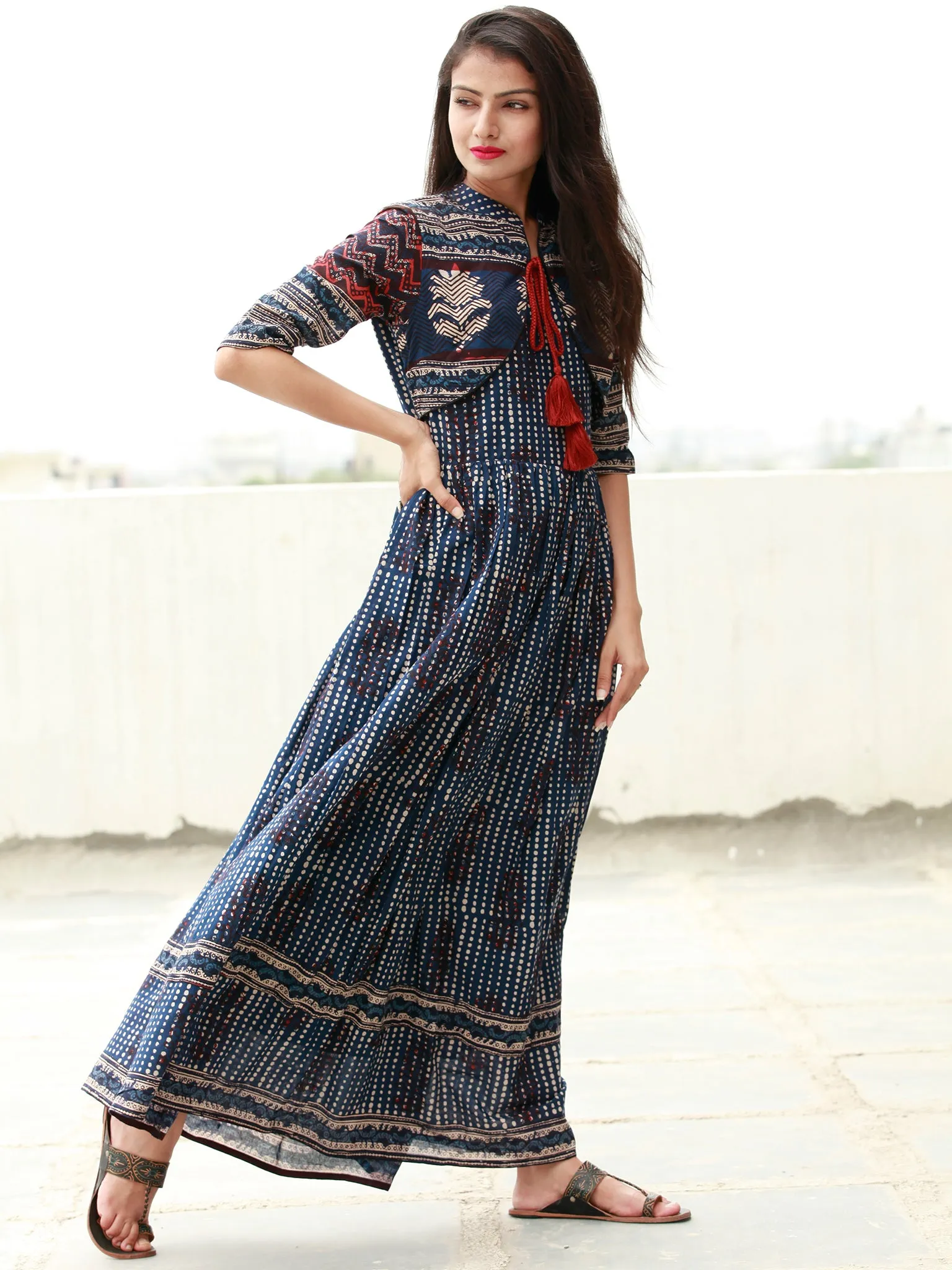 Naaz Indigo Rust Beige Hand Block Printed Long Cotton Dress with Tassels - DS14F003