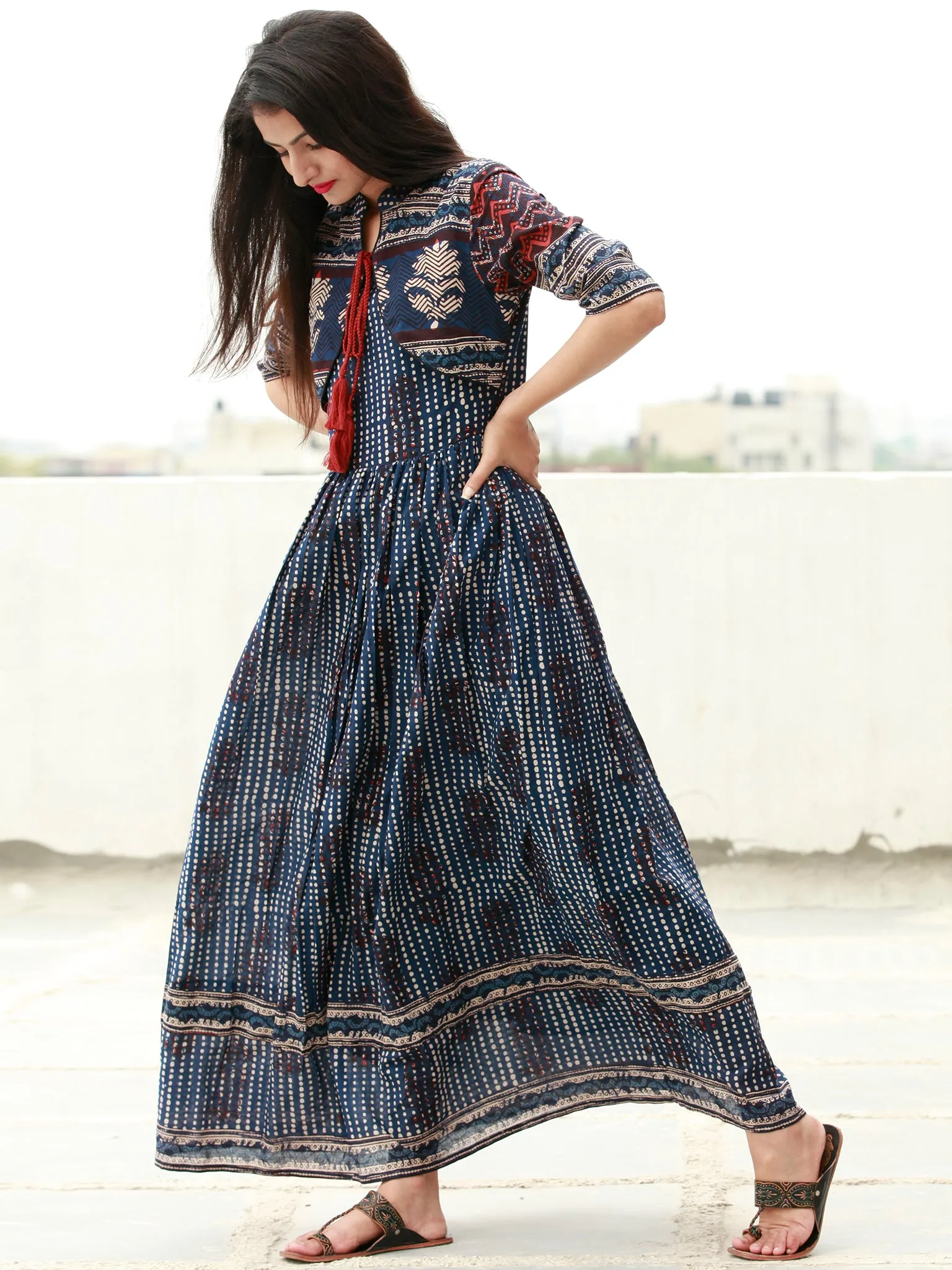 Naaz Indigo Rust Beige Hand Block Printed Long Cotton Dress with Tassels - DS14F003