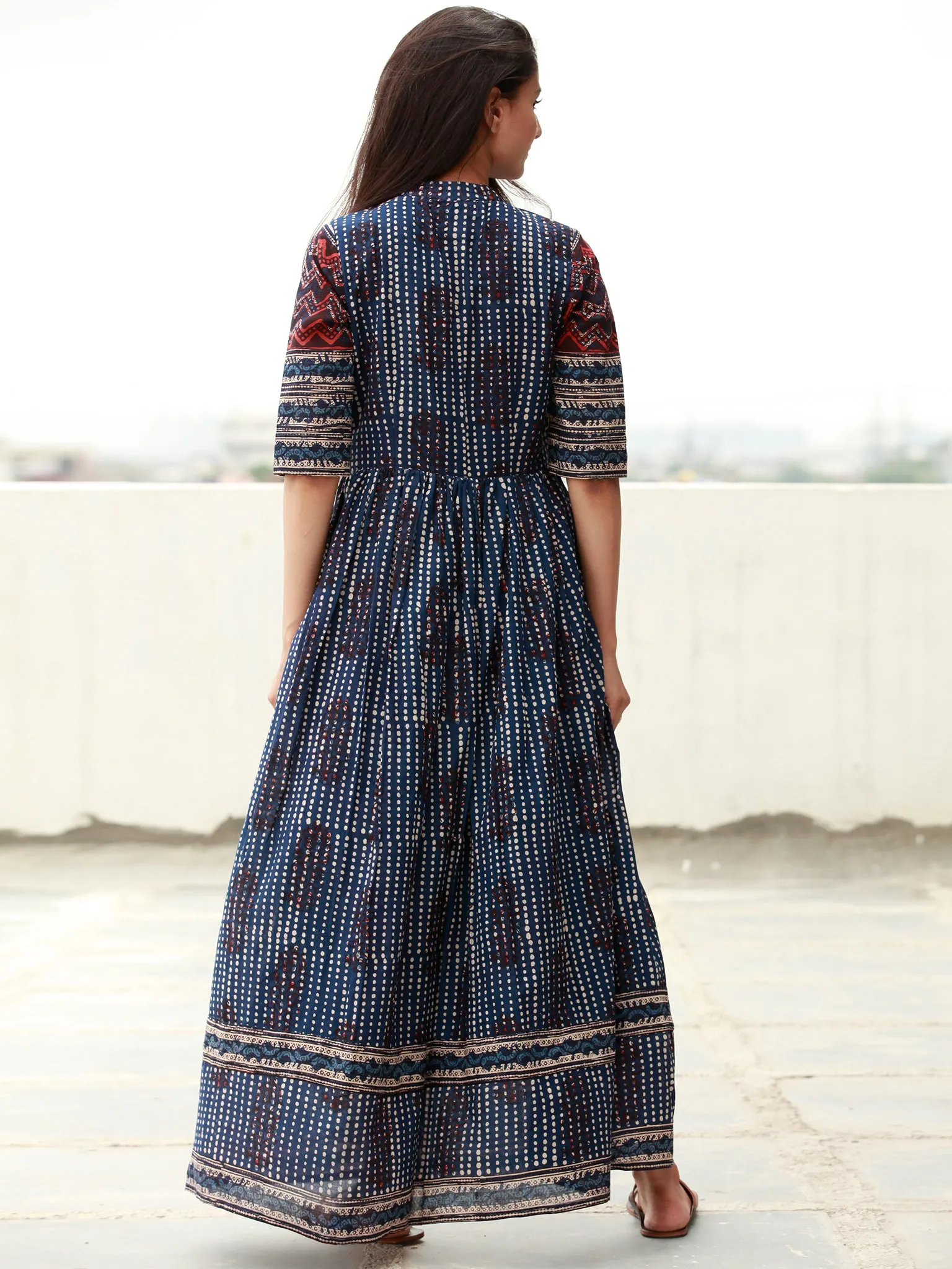 Naaz Indigo Rust Beige Hand Block Printed Long Cotton Dress with Tassels - DS14F003