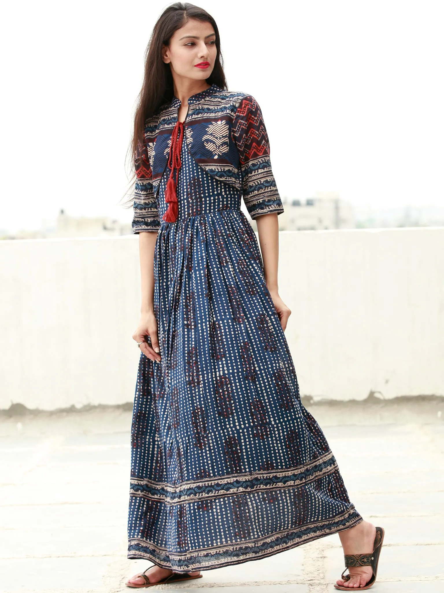 Naaz Indigo Rust Beige Hand Block Printed Long Cotton Dress with Tassels - DS14F003