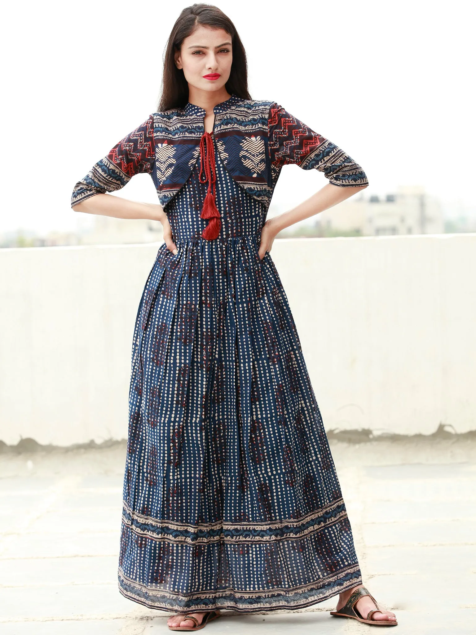 Naaz Indigo Rust Beige Hand Block Printed Long Cotton Dress with Tassels - DS14F003