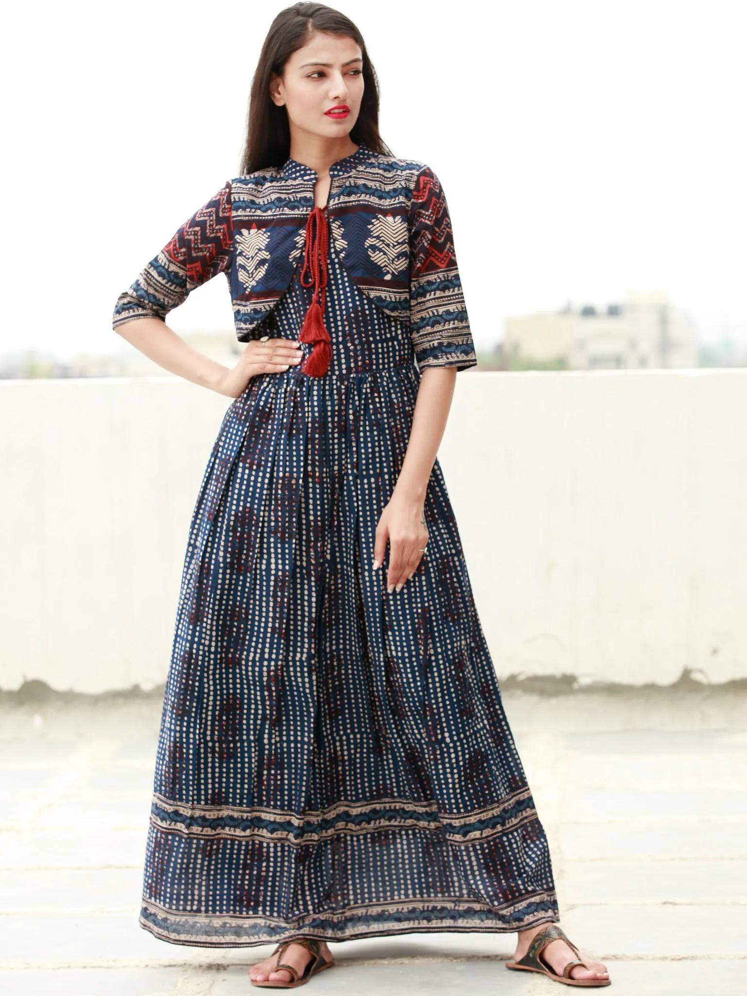 Naaz Indigo Rust Beige Hand Block Printed Long Cotton Dress with Tassels - DS14F003