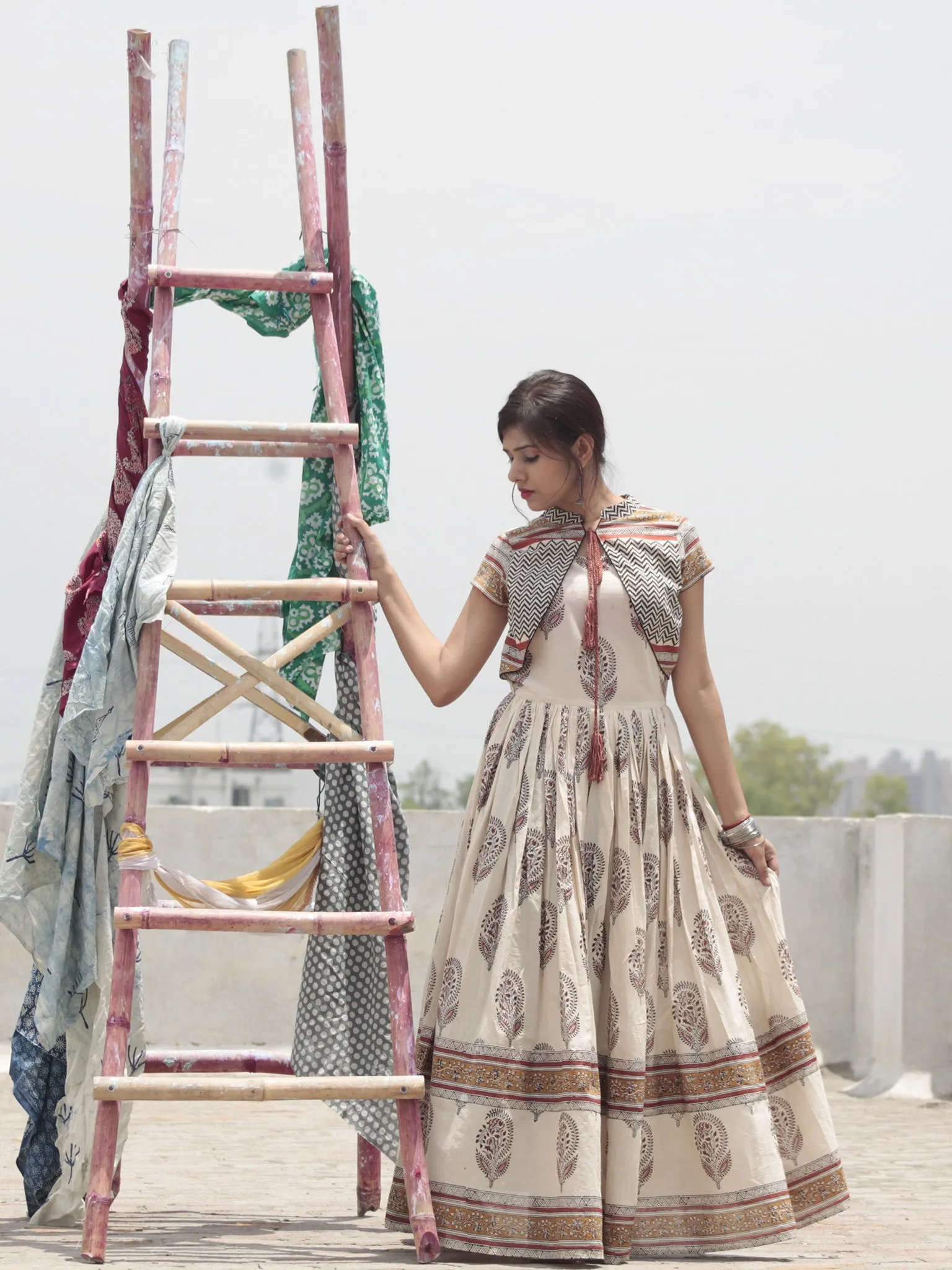 Naaz Ivory Maroon Rust Black Hand Block Printed Long Cotton Dress with Gathers & Tassels - DS14F001