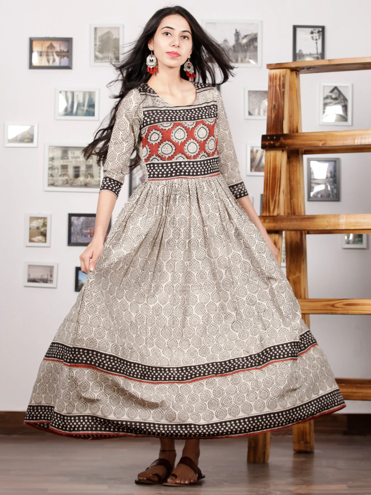 Naaz Kafeeya - Ivory Red Black Hand Block Printed Long Cotton Tier Dress With Gathers & Lining - DS53F001