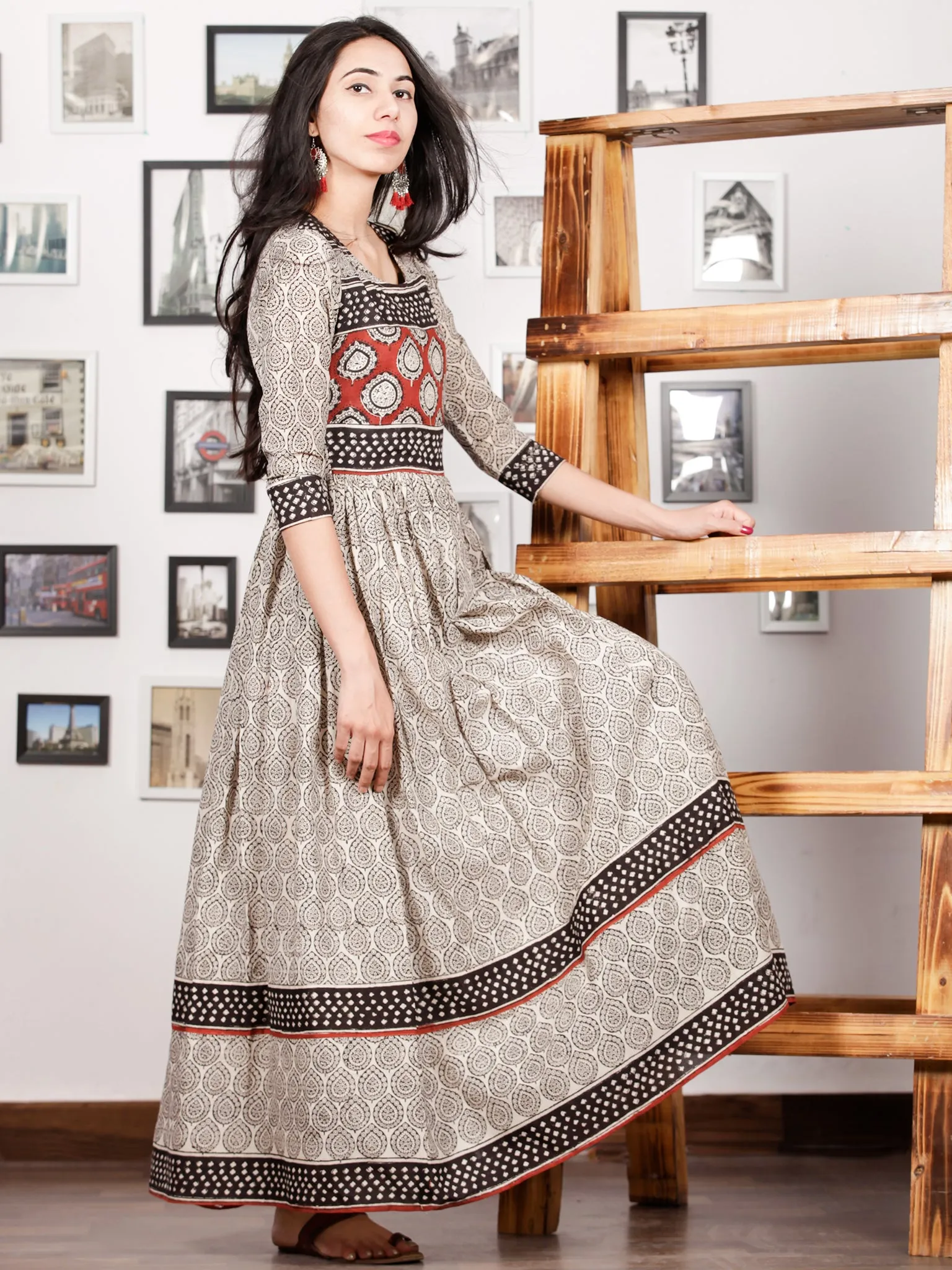 Naaz Kafeeya - Ivory Red Black Hand Block Printed Long Cotton Tier Dress With Gathers & Lining - DS53F001