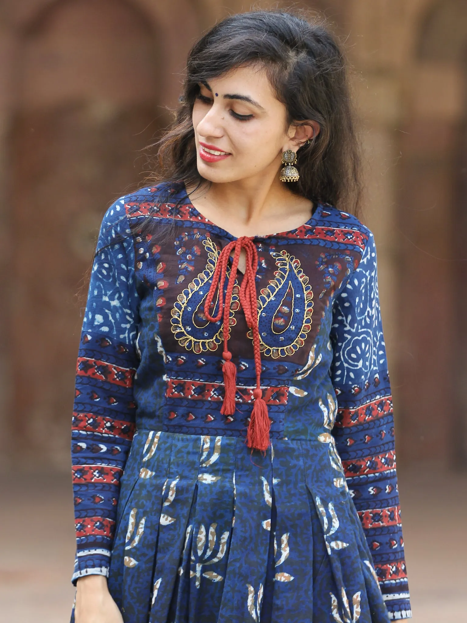 Naaz Lotus Mystique - Hand Block Printed Embroidered Long Cotton Pleated Flare Dress - DS70F001