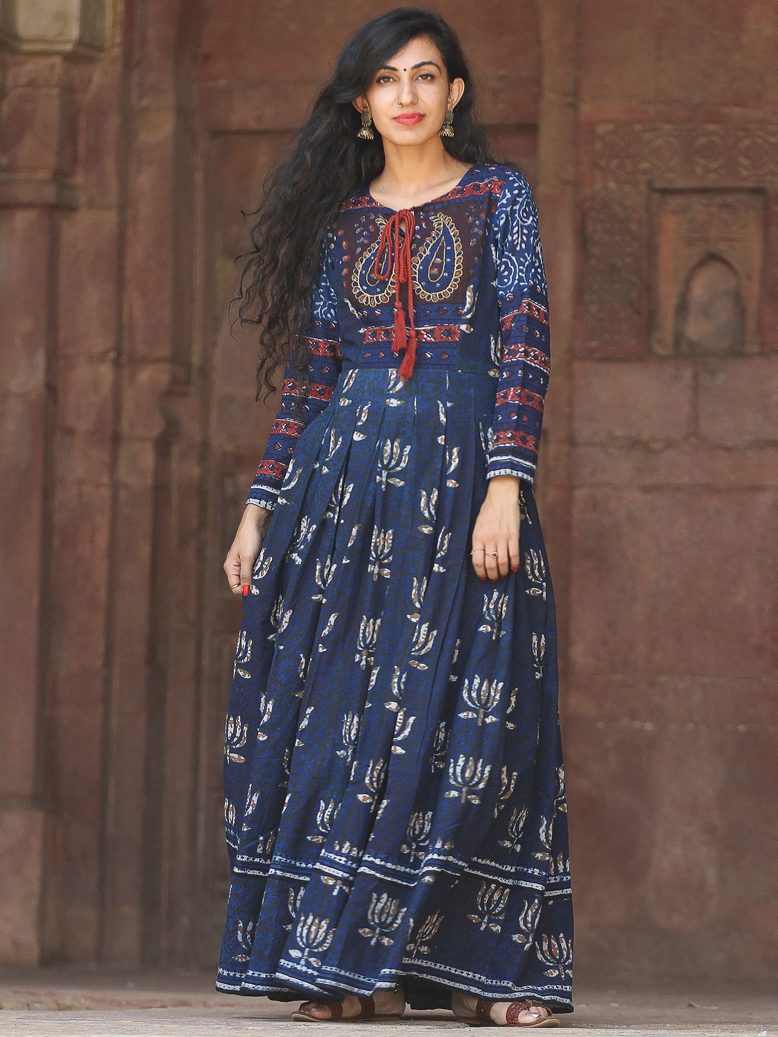 Naaz Lotus Mystique - Hand Block Printed Embroidered Long Cotton Pleated Flare Dress - DS70F001