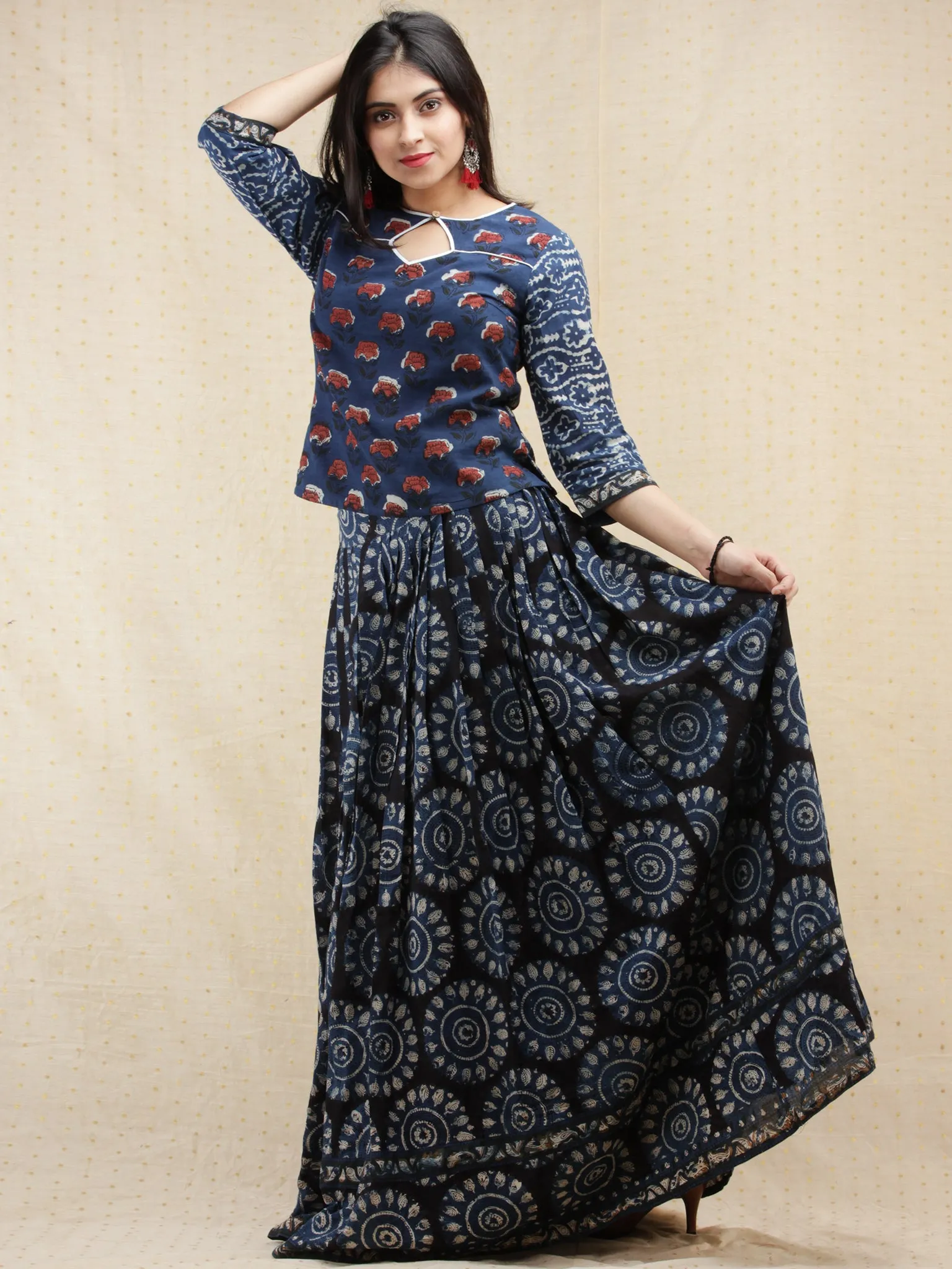 Naaz Lubena - Hand Block Printed Long Top And Skirt Dress - DS85F001