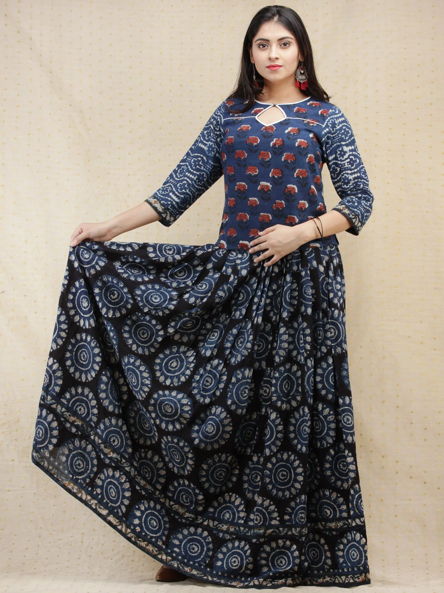 Naaz Lubena - Hand Block Printed Long Top And Skirt Dress - DS85F001