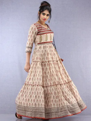 Naaz Mahira - Hand Block Printed Long Cotton Tiered Embroidered Angrakha Dress - DS89F001