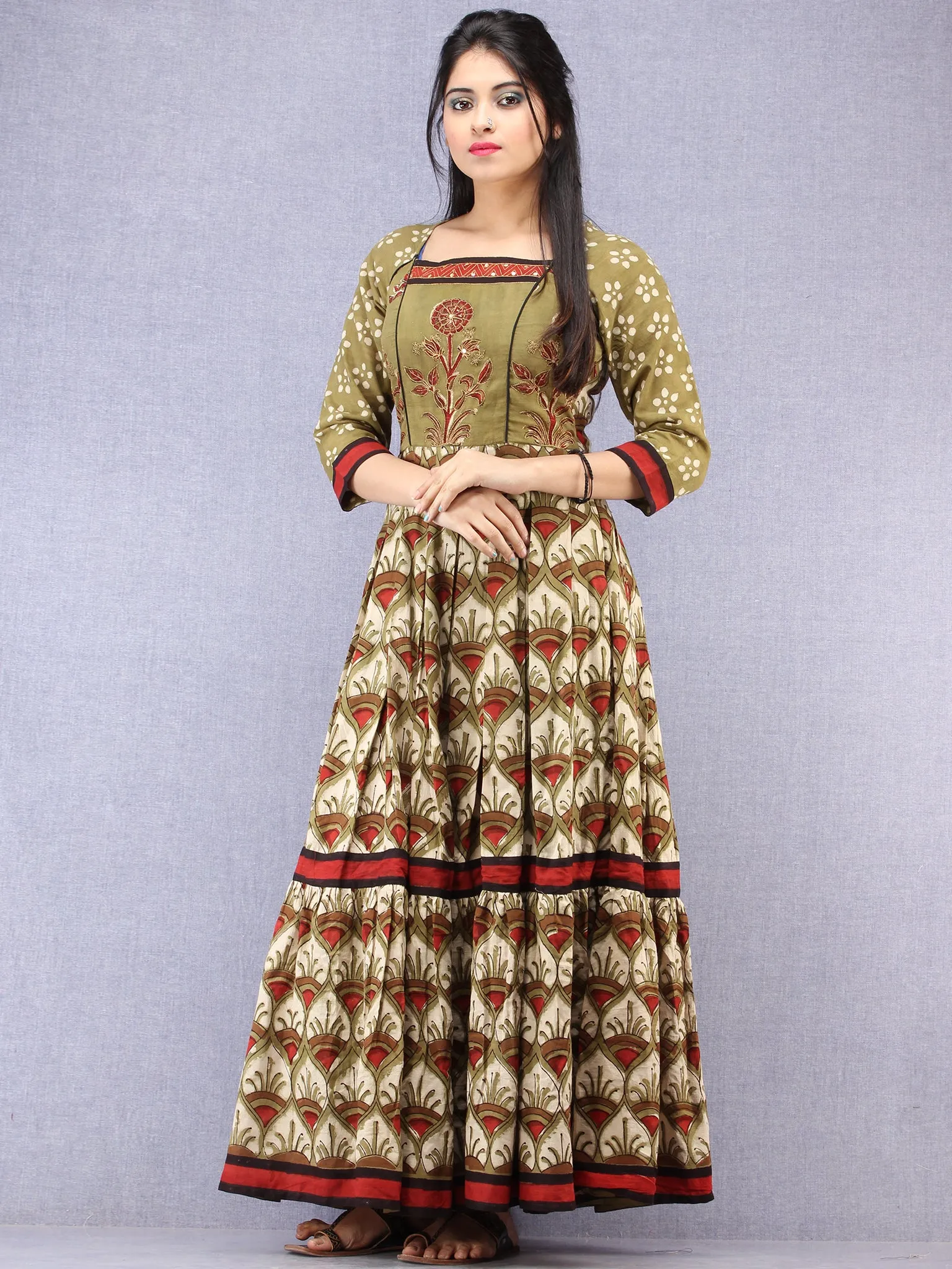 Naaz Mahreen - Hand Block Mughal Printed Long Cotton Embroidered Dress - DS107F001