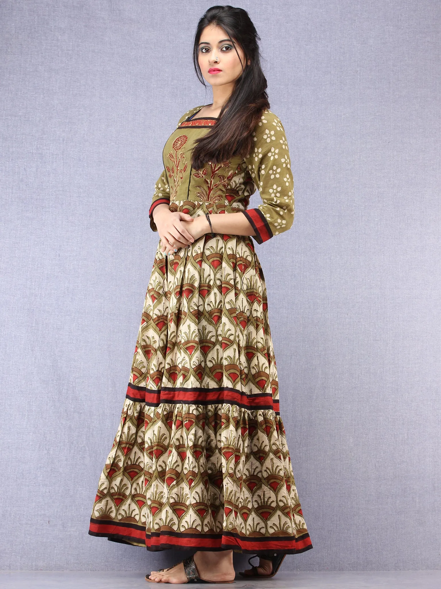 Naaz Mahreen - Hand Block Mughal Printed Long Cotton Embroidered Dress - DS107F001