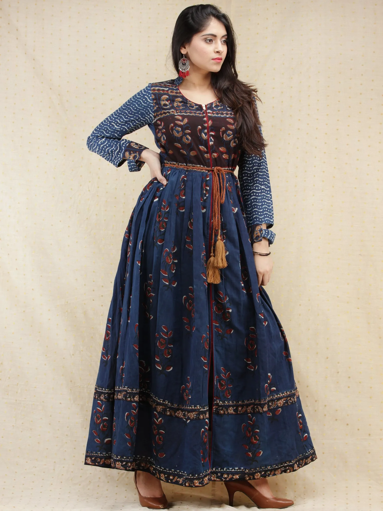 Naaz Nazgul - Hand Block Printed Long Cotton Dress With Front Slit - DS84F001