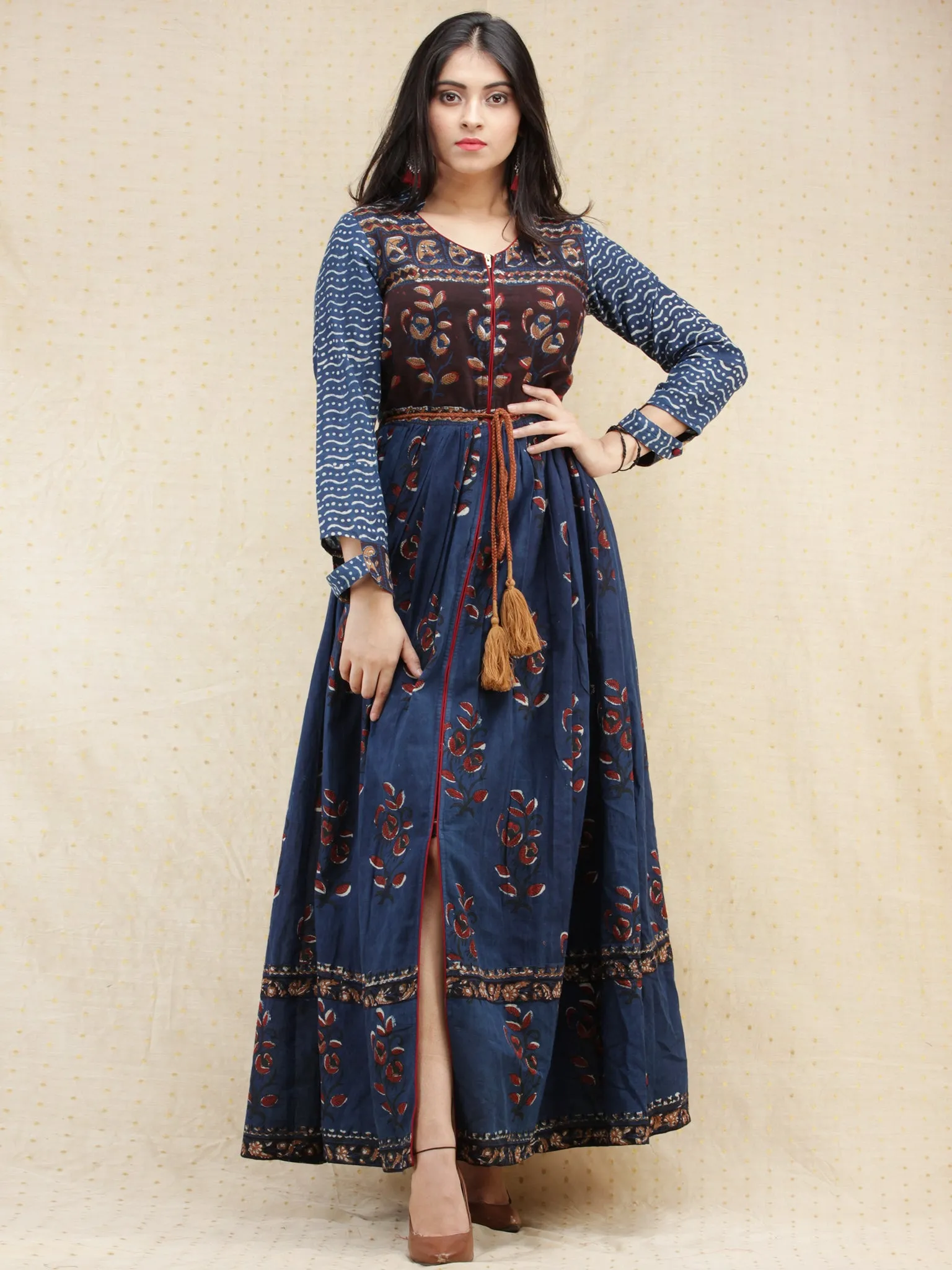 Naaz Nazgul - Hand Block Printed Long Cotton Dress With Front Slit - DS84F001