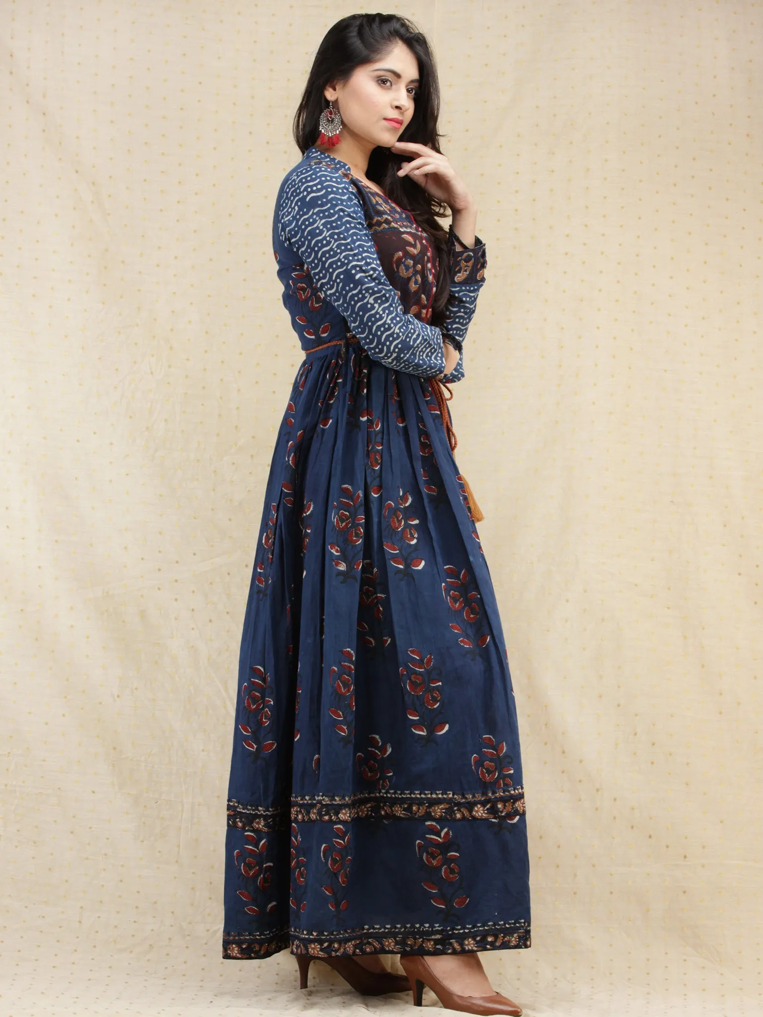 Naaz Nazgul - Hand Block Printed Long Cotton Dress With Front Slit - DS84F001